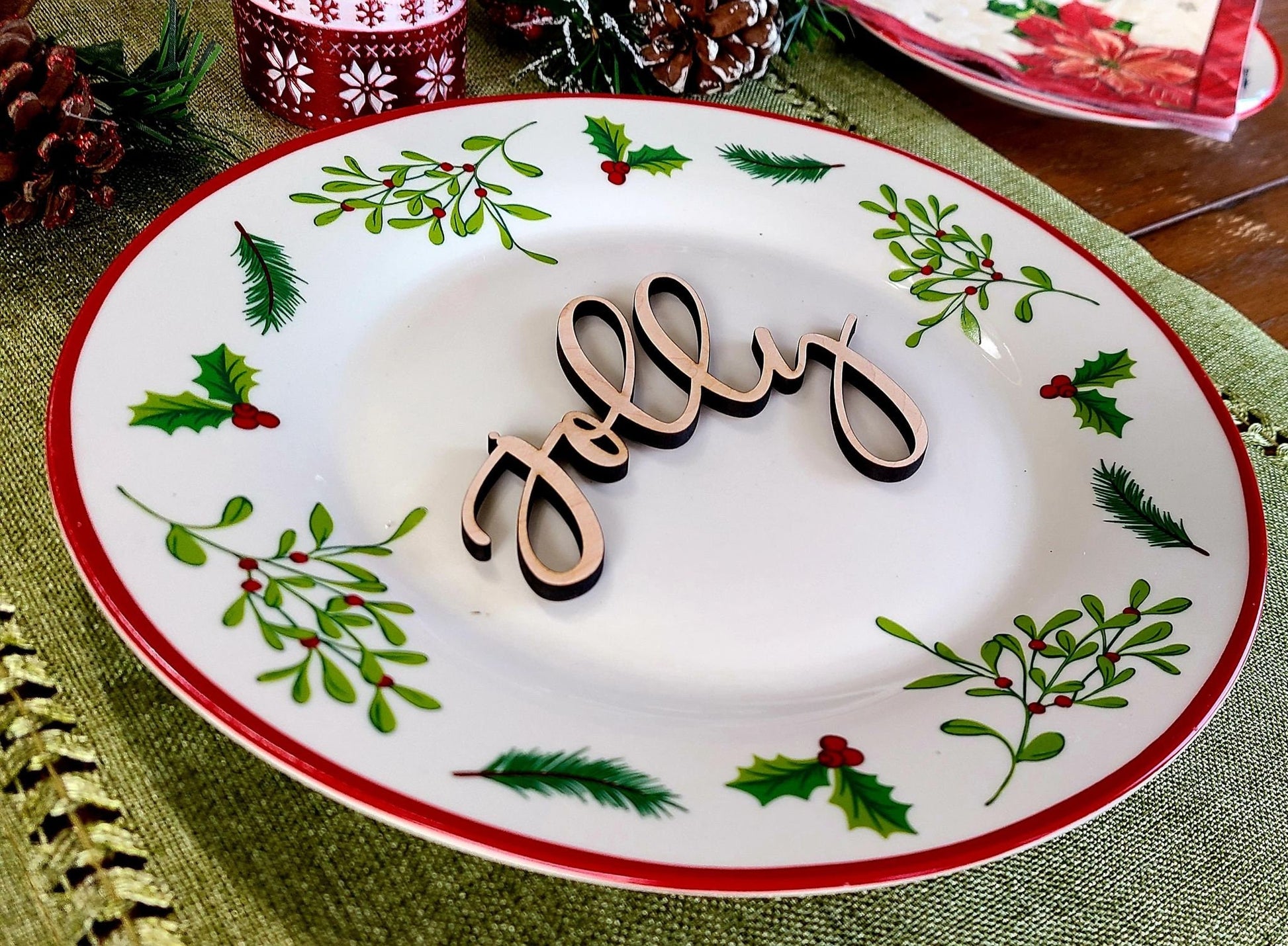 Jolly Place Cards, Christmas Plate setting cards, Christmas Wooden Word, Holiday Decor, Christmas Place settings, Small Wood Jolly Sign