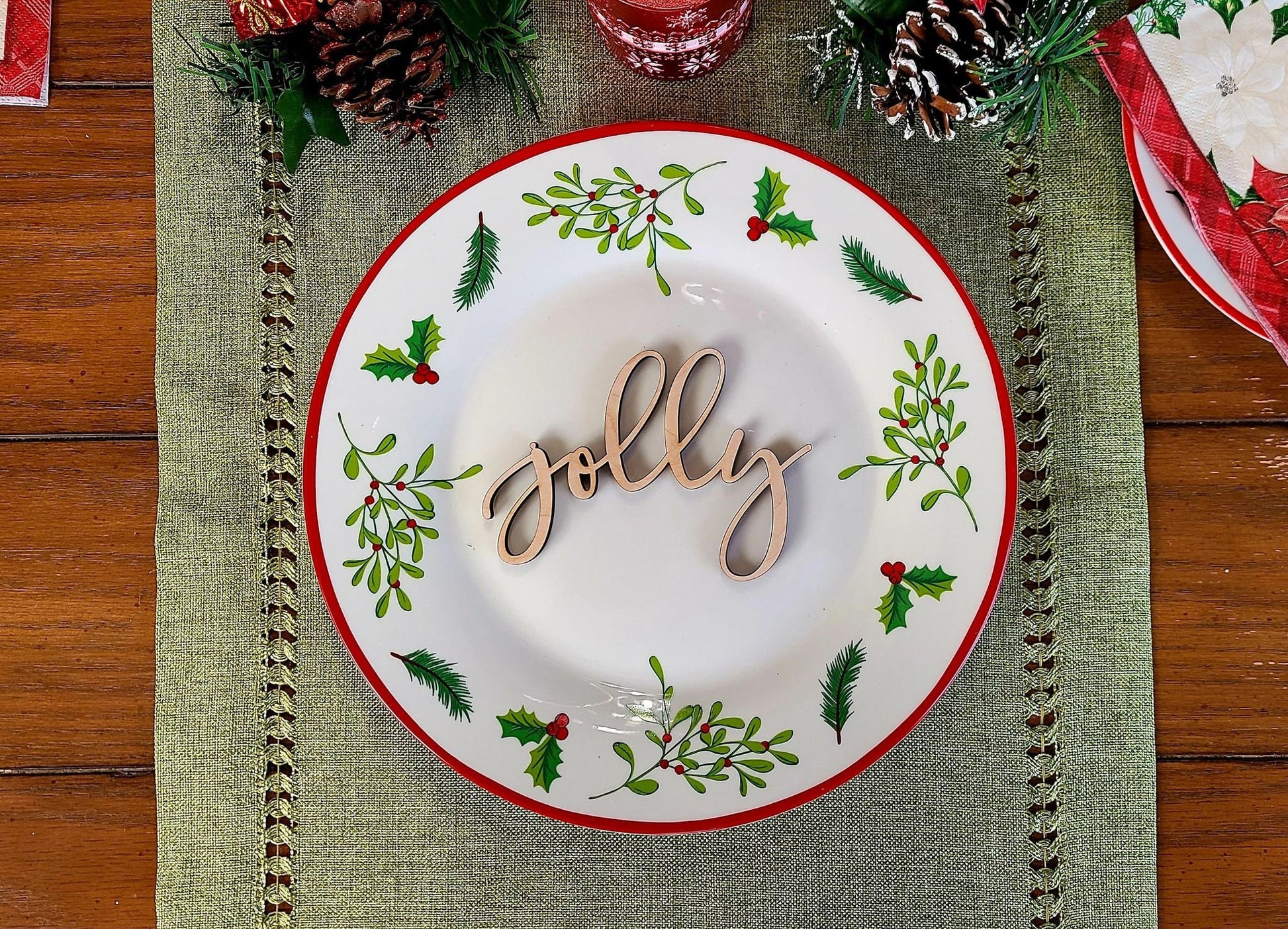 Jolly Place Cards, Christmas Plate setting cards, Christmas Wooden Word, Holiday Decor, Christmas Place settings, Small Wood Jolly Sign