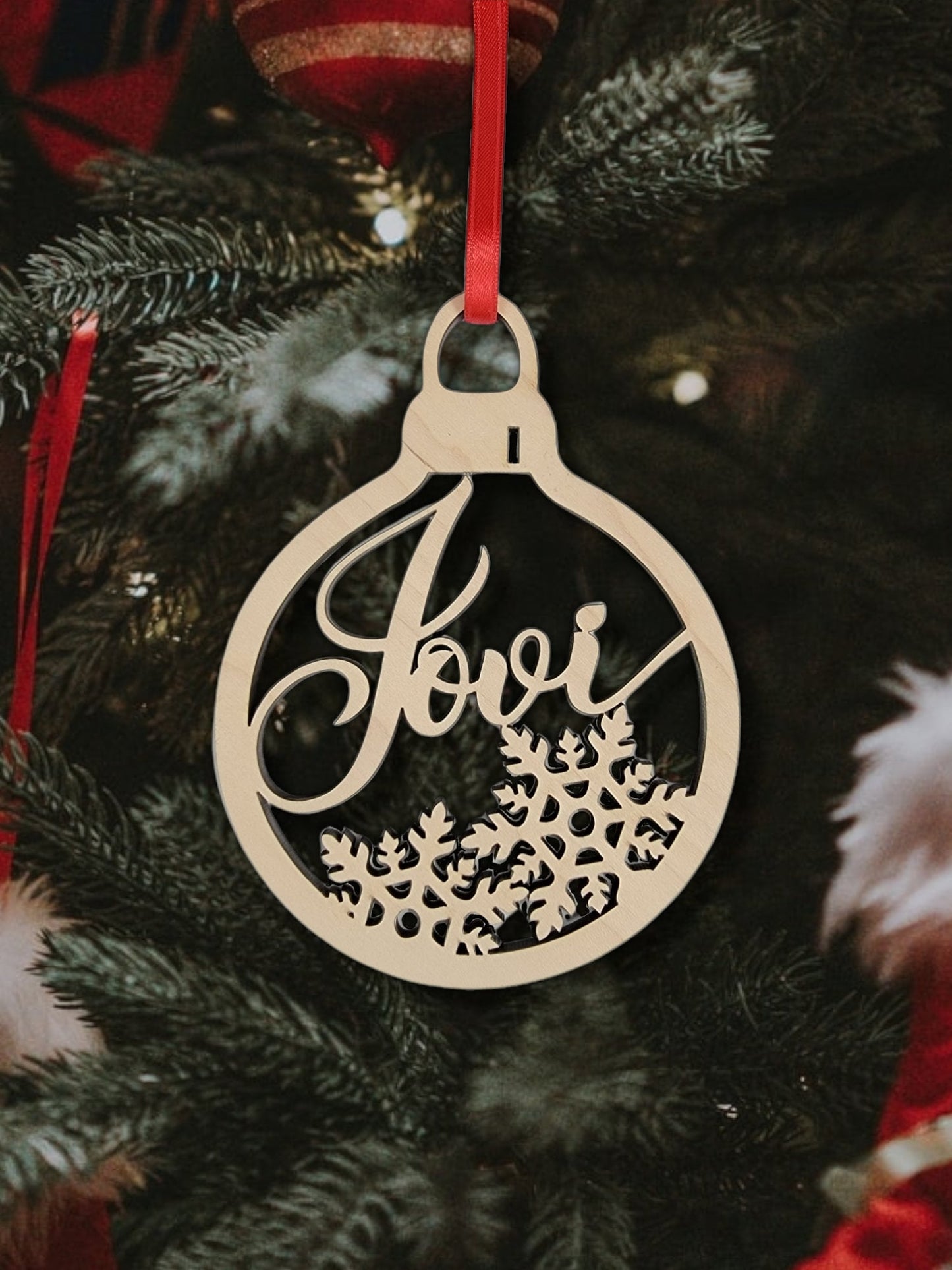 Personalized Christmas Ornament, Custom Xmas Bulb with Name & Snowflakes, Custom Children's Name Ornament, Wooden Christmas Ornament decor
