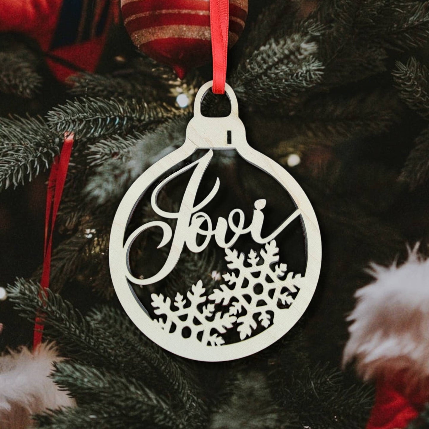Personalized Christmas Ornament, Custom Xmas Bulb with Name & Snowflakes, Custom Children's Name Ornament, Wooden Christmas Ornament decor