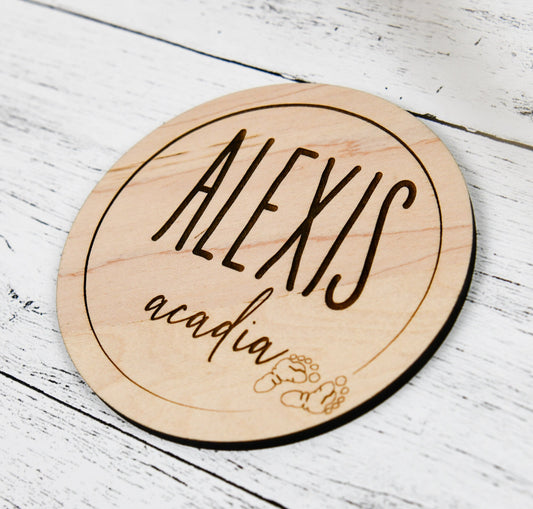 Baby Name Sign Small, Wood, Custom Baby Name Reveal, Newborn Photo Prop, Personalized Nursery Baby Keepsake, Baby Shower Gift, Wooden Disc