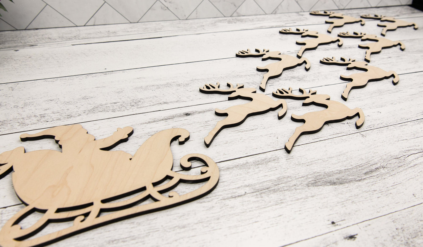 Santa Sleigh & Reindeer Wood Shapes, Wooden Christmas Shape, Unfinished, DIY Blank, Santas Reindeer, Wood Arts and Crafts, Holiday Ornaments