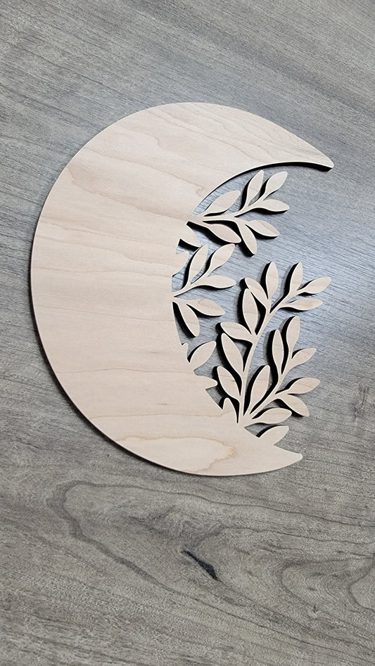 Crescent Moon + Leaf Wood Shape Sign, Wooden Moon Shape Blank, Unfinished Cut out, Crafts DIY for Sign Making, Boho Decor theme Natural 005