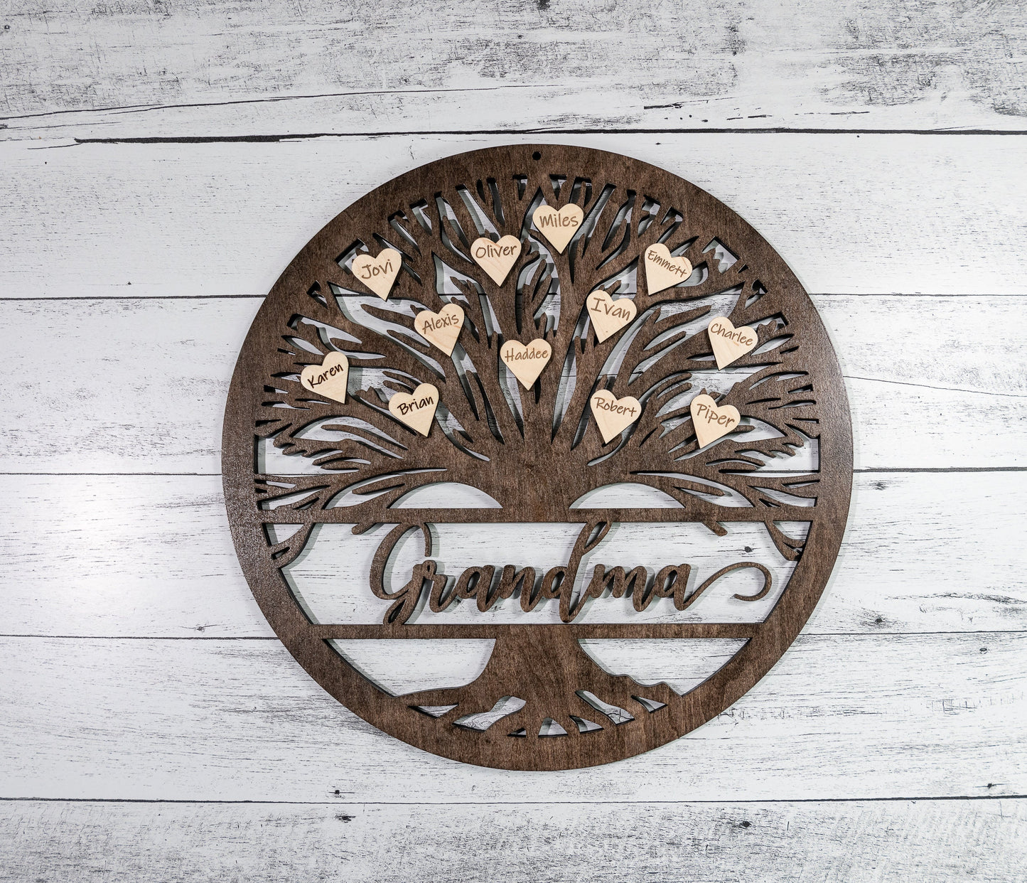 Tree Of Life Wood Sign, Custom Wall Art with Family Tree with Grandma Or Grandpa, Wooden Circle Tree, Roots, Heart, Mothers Fathers Day Gift