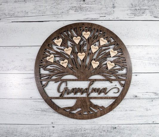 Tree Of Life Wood Sign, Custom Wall Art with Family Tree with Grandma Or Grandpa, Wooden Circle Tree, Roots, Heart, Mothers Fathers Day Gift