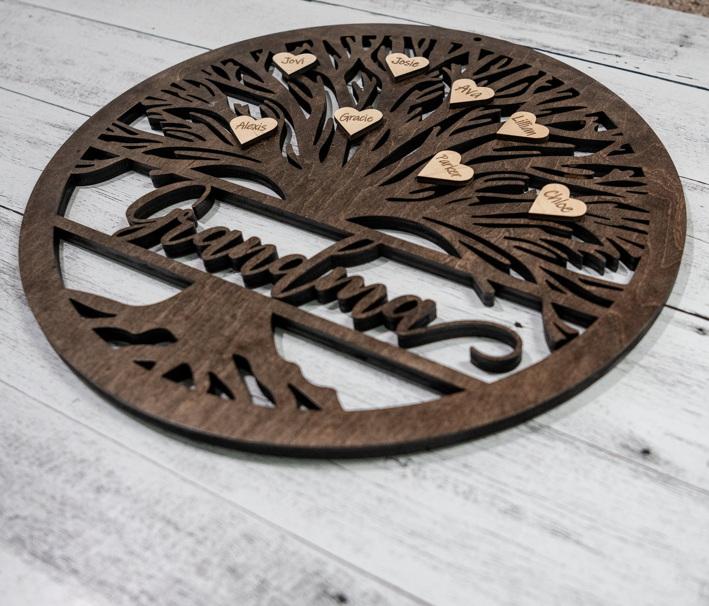 Tree Of Life Wood Sign, Custom Wall Art with Family Tree with Grandma Or Grandpa, Wooden Circle Tree, Roots, Heart, Mothers Fathers Day Gift