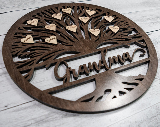 Tree Of Life Wood Sign, Custom Wall Art with Family Tree with Grandma Or Grandpa, Wooden Circle Tree, Roots, Heart, Mothers Fathers Day Gift