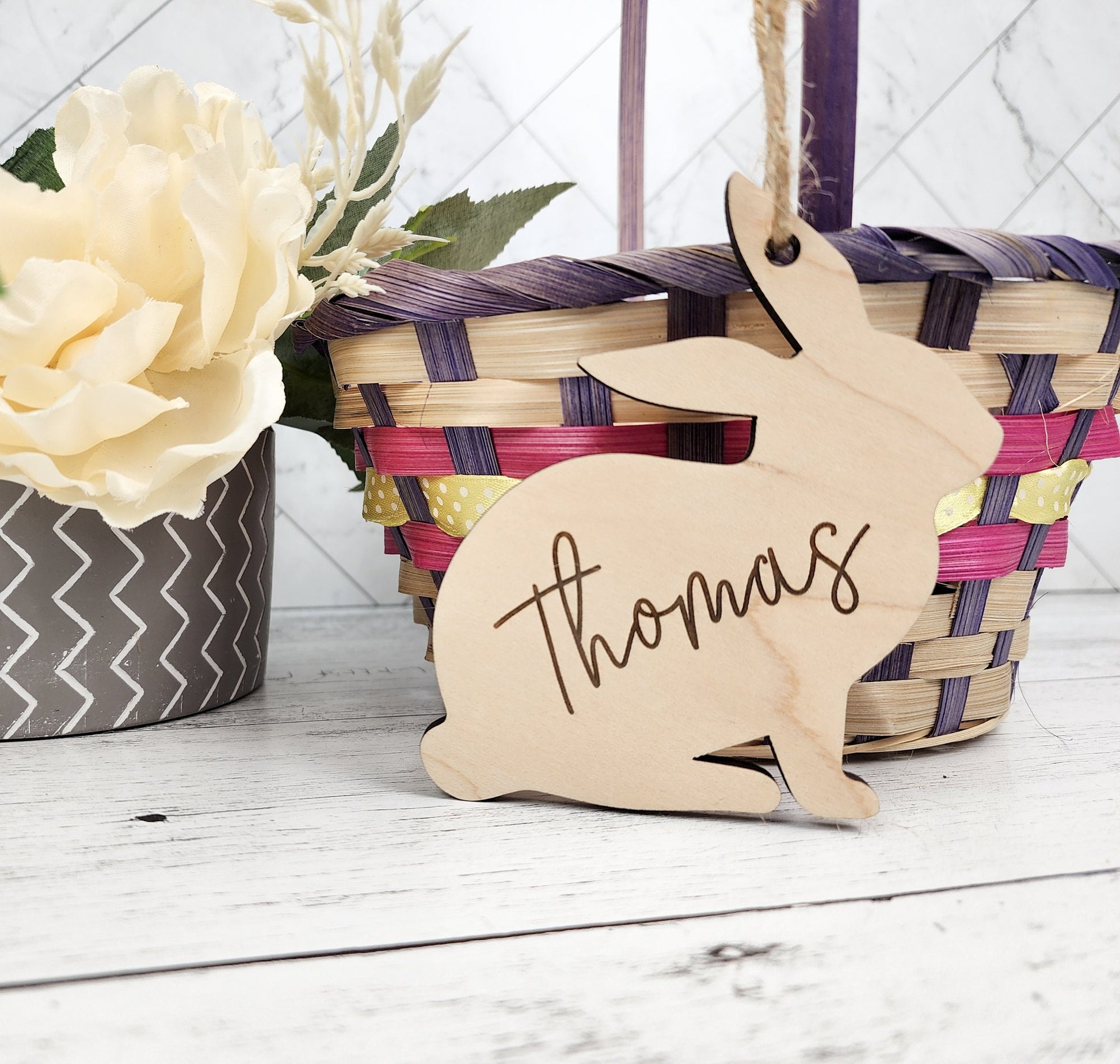 Custom Easter Basket Tag Personalized With Name, Easter Bunny Name Tag for Kids & Family, Engraved Easter Decor Ornament Place Card, Gift