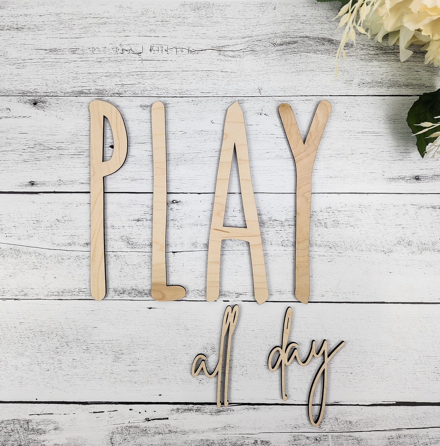 PLAY all day playroom kids toy room decor sign wood wall art, recreational room signage, custom wood cut out words & letters, preschool sign