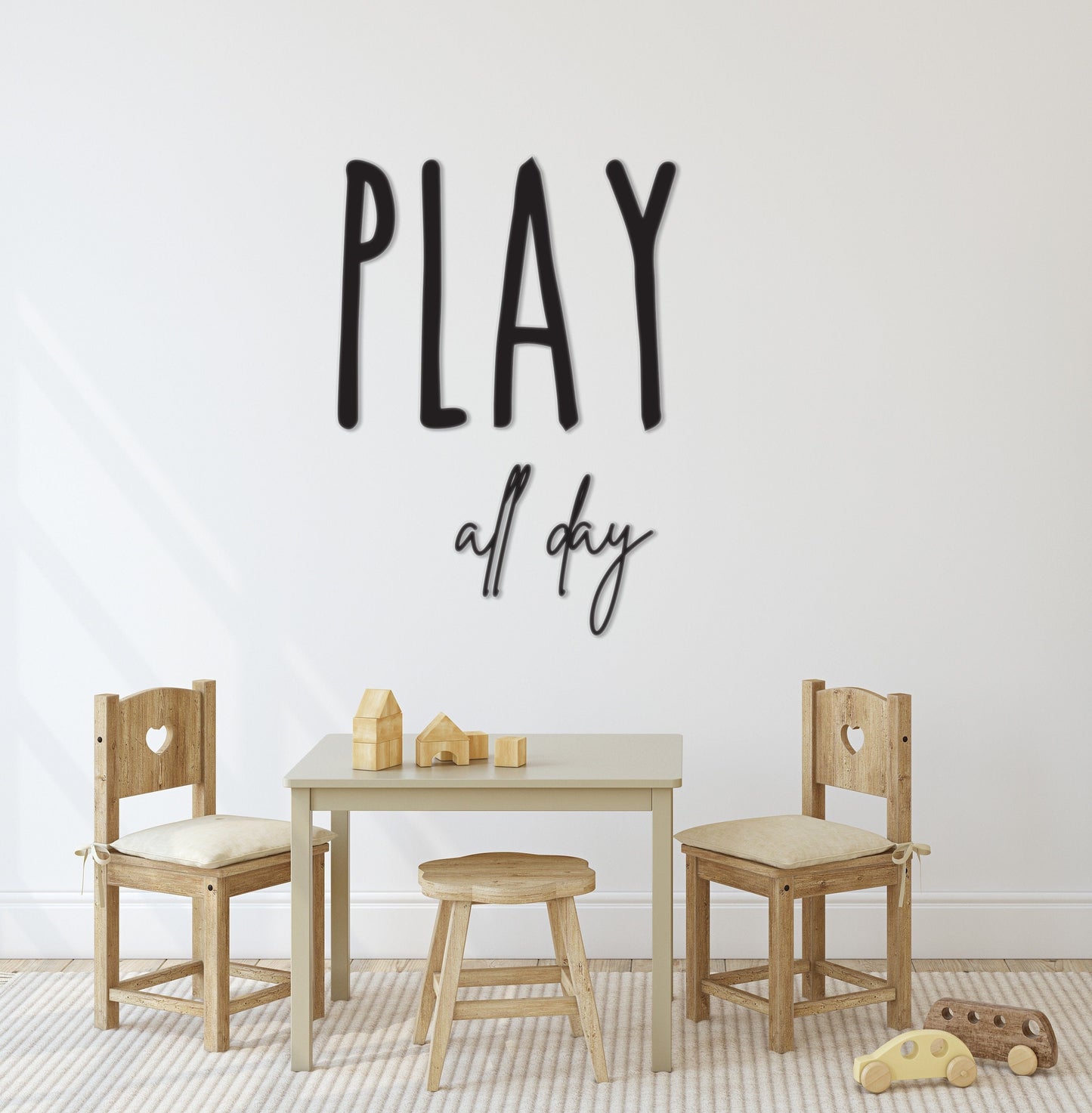 PLAY all day playroom kids toy room decor sign wood wall art, recreational room signage, custom wood cut out words & letters, preschool sign