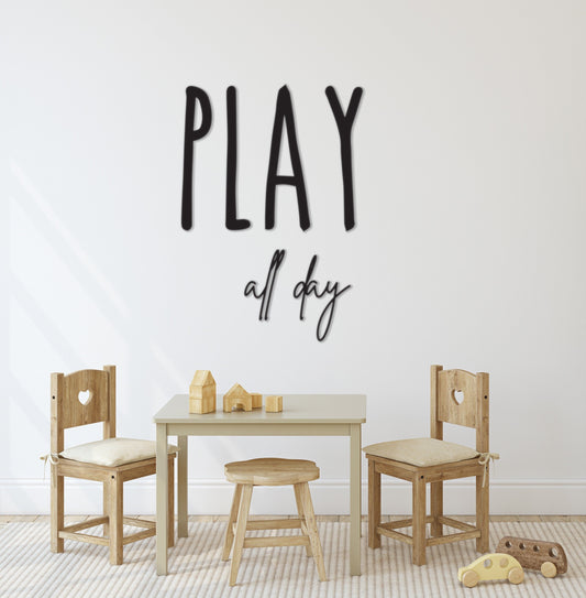 PLAY all day playroom kids toy room decor sign wood wall art, recreational room signage, custom wood cut out words & letters, preschool sign