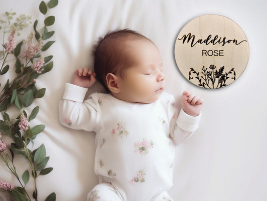 Baby Announcement Name Sign Plaque, Engraved Wooden Round Custom Name Reveal, Newborn Photo Prop, Personalized Nursery Keepsake