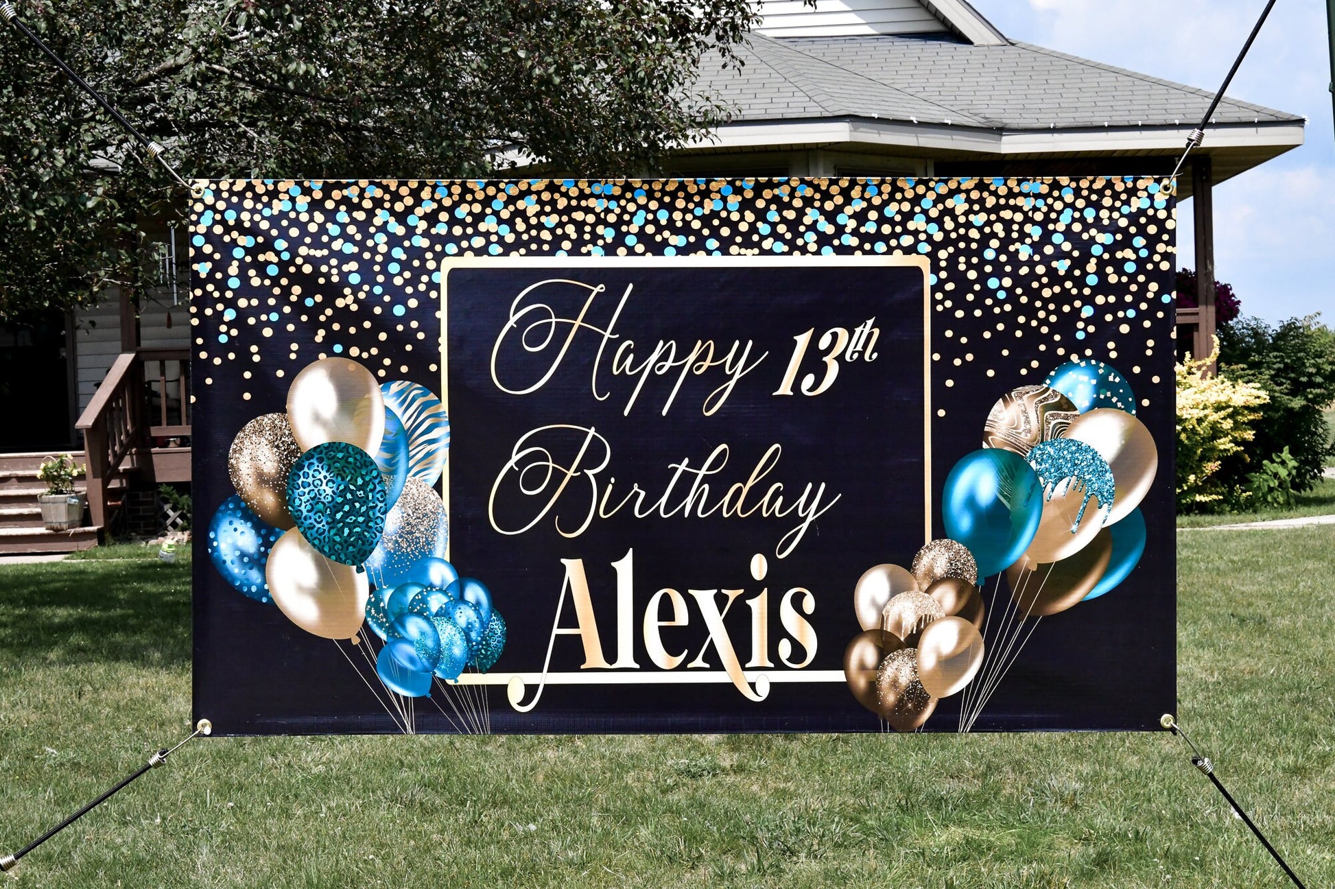 Custom Birthday Banner with Name, Personalized, Black & Gold, Happy Birthday Flag Sign, Indoor, Outdoor, Reusable, Milestone, Multiple Sizes