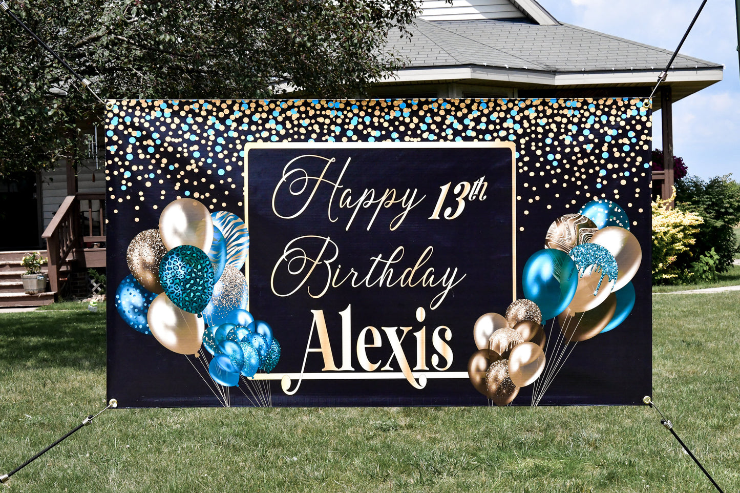 Custom Happy Birthday Banner with Name, Personalized Black & Gold Balloons, Flag Sign, Indoor, Outdoor, Reusable, Milestone, Multiple Sizes