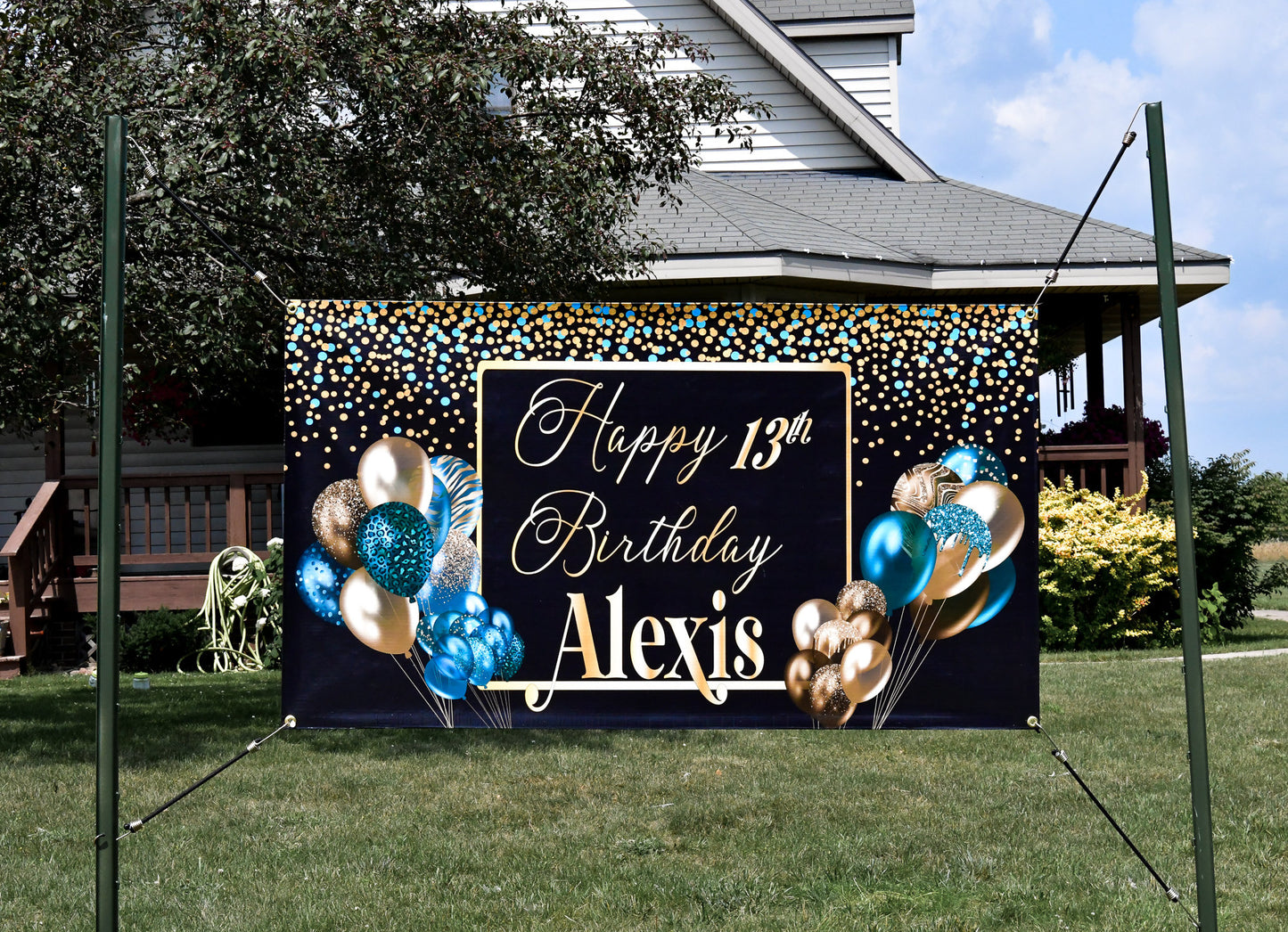 Birthday Banner Personalized Name Sign, Custom Black & Gold, Happy Birthday Balloons Decor, Indoor Outdoor, Reusable, Milestone, Celebration