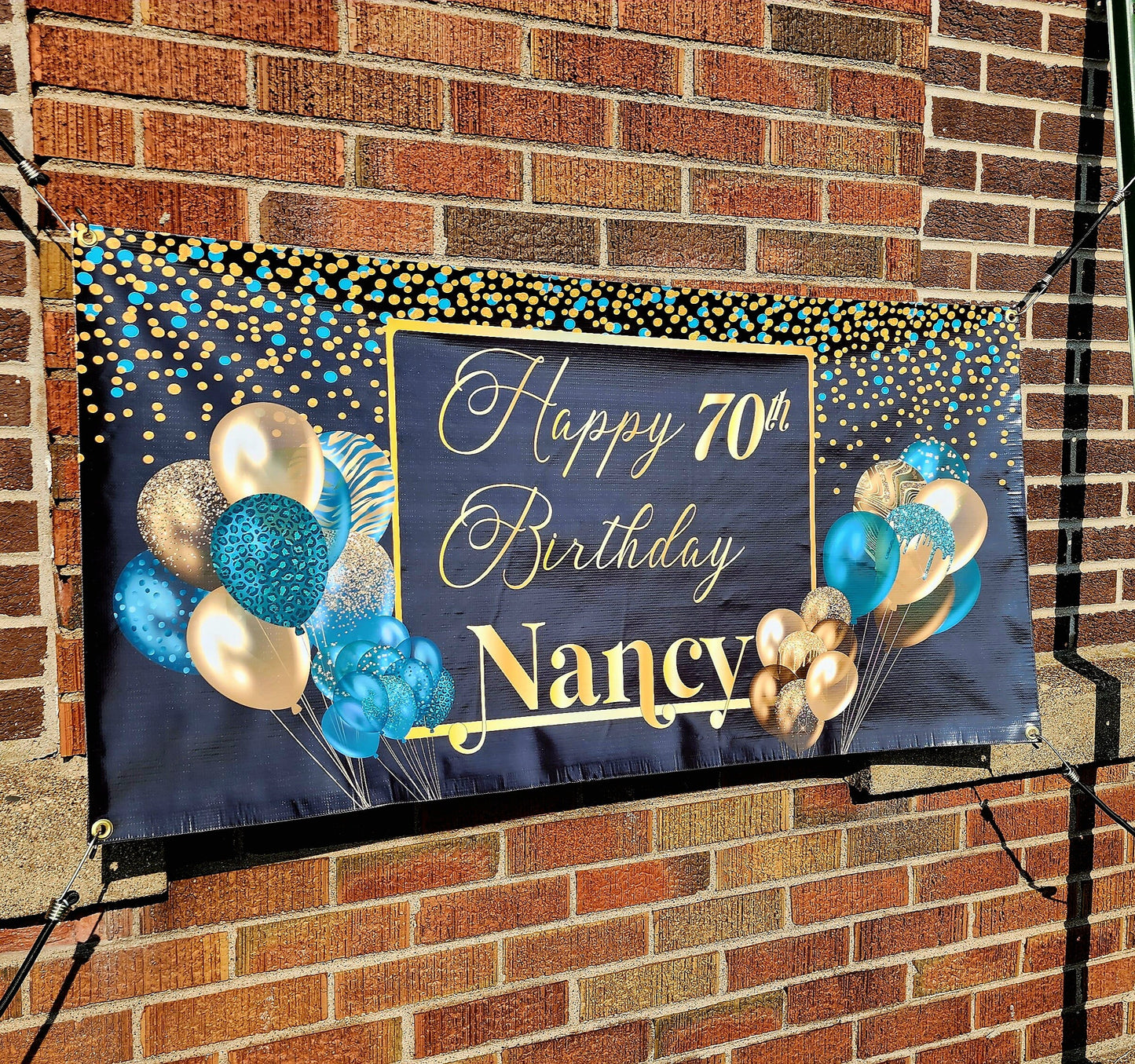 Custom Happy Birthday Banner with Name, Personalized Black & Gold Balloons, Flag Sign, Indoor, Outdoor, Reusable, Milestone, Multiple Sizes