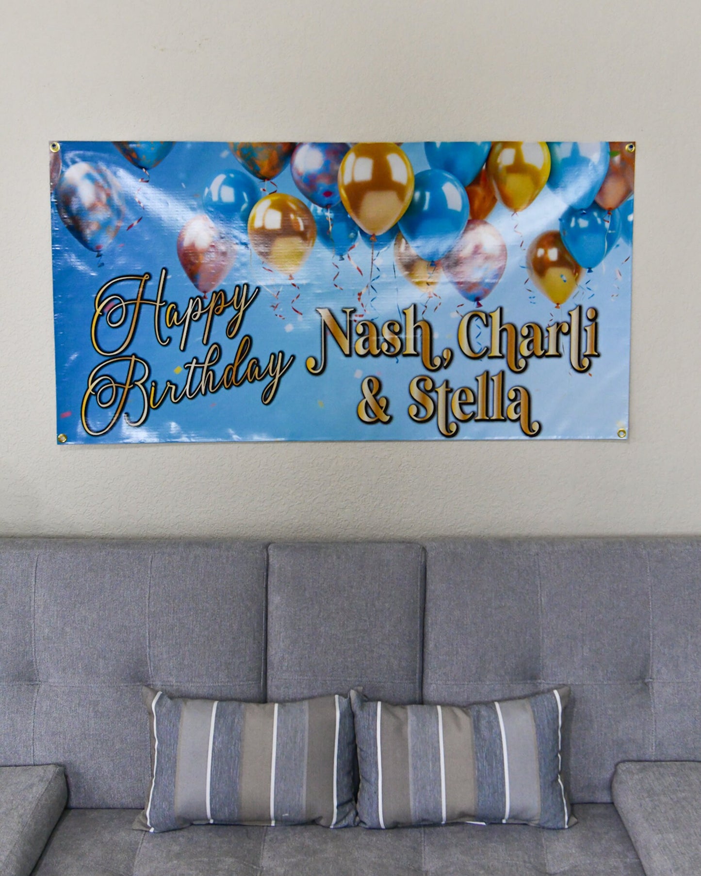 Birthday Banner Custom Name Sign, Personalized, Blue Gold Pink Balloons Party Decor, Indoor Outdoor, Reusable, Bday Celebration Decorations