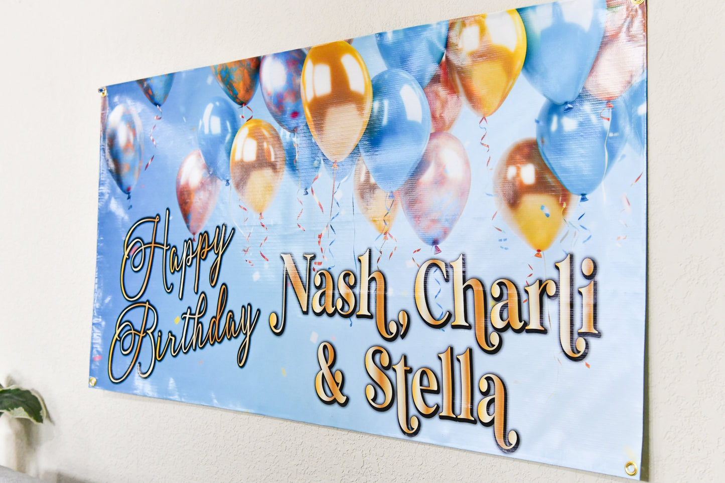 Birthday Banner Custom Name Sign, Personalized, Blue Gold Pink Balloons Party Decor, Indoor Outdoor, Reusable, Bday Celebration Decorations