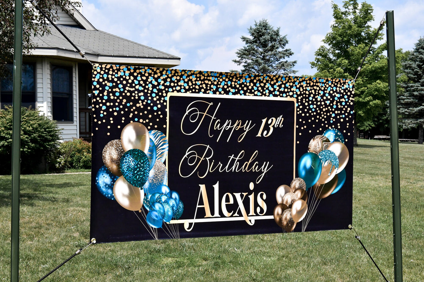 Custom Happy Birthday Banner with Name, Personalized Black & Gold Balloons, Flag Sign, Indoor, Outdoor, Reusable, Milestone, Multiple Sizes