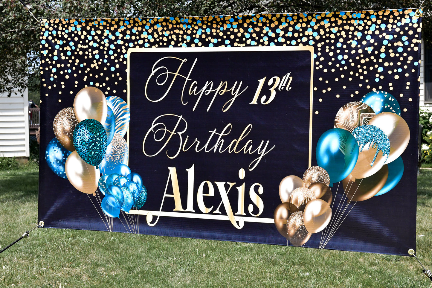 Custom Happy Birthday Banner with Name, Personalized Black & Gold Balloons, Flag Sign, Indoor, Outdoor, Reusable, Milestone, Multiple Sizes