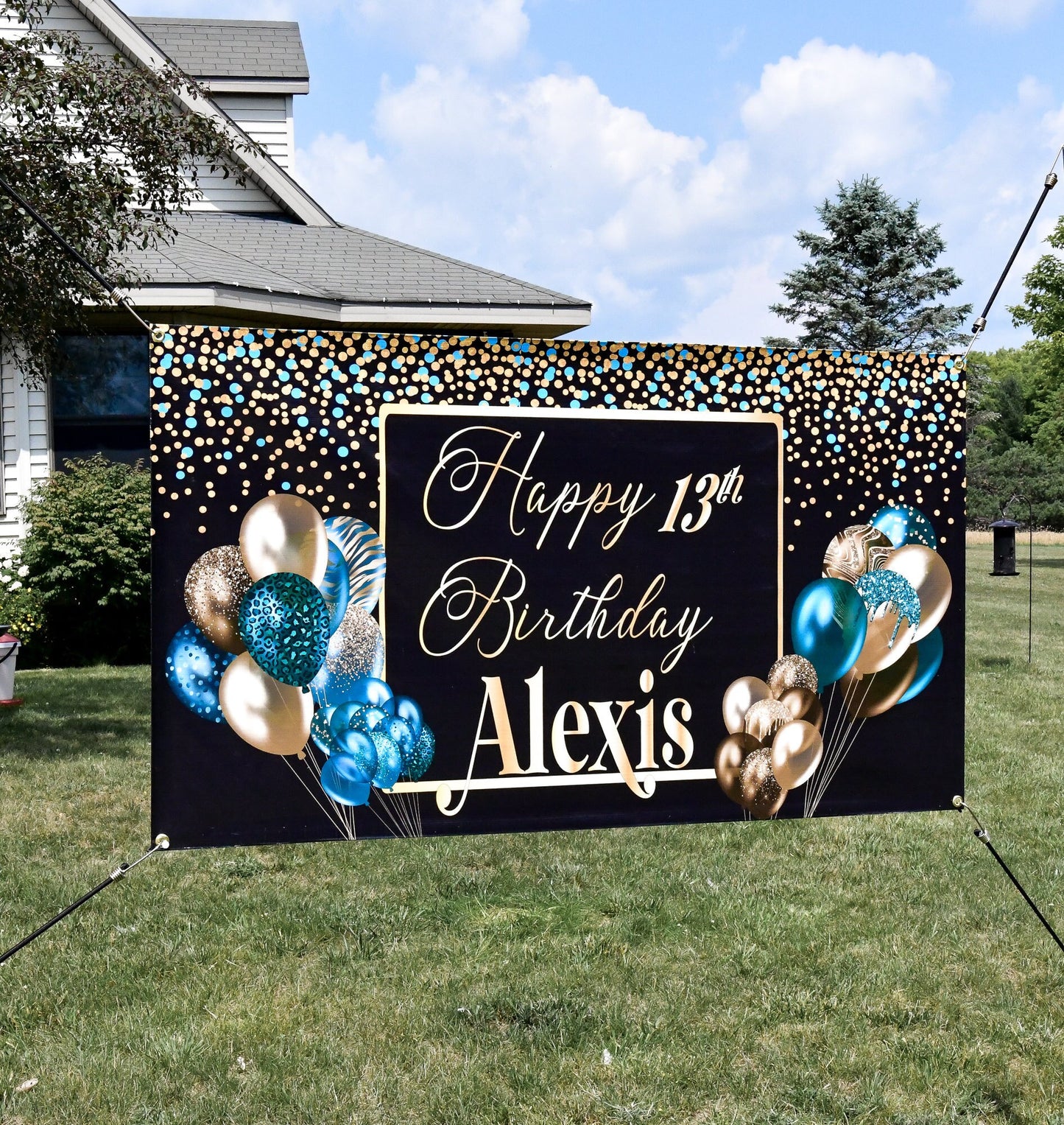 Custom Happy Birthday Banner with Name, Personalized Black & Gold Balloons, Flag Sign, Indoor, Outdoor, Reusable, Milestone, Multiple Sizes