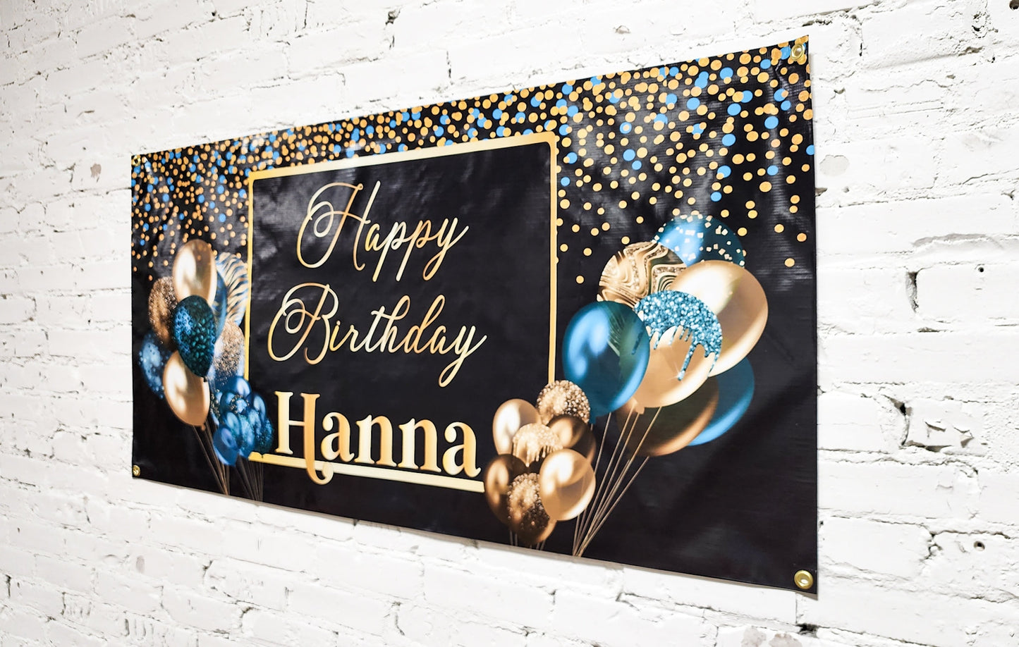 Custom Happy Birthday Banner with Name, Personalized Black & Gold Balloons, Flag Sign, Indoor, Outdoor, Reusable, Milestone, Multiple Sizes