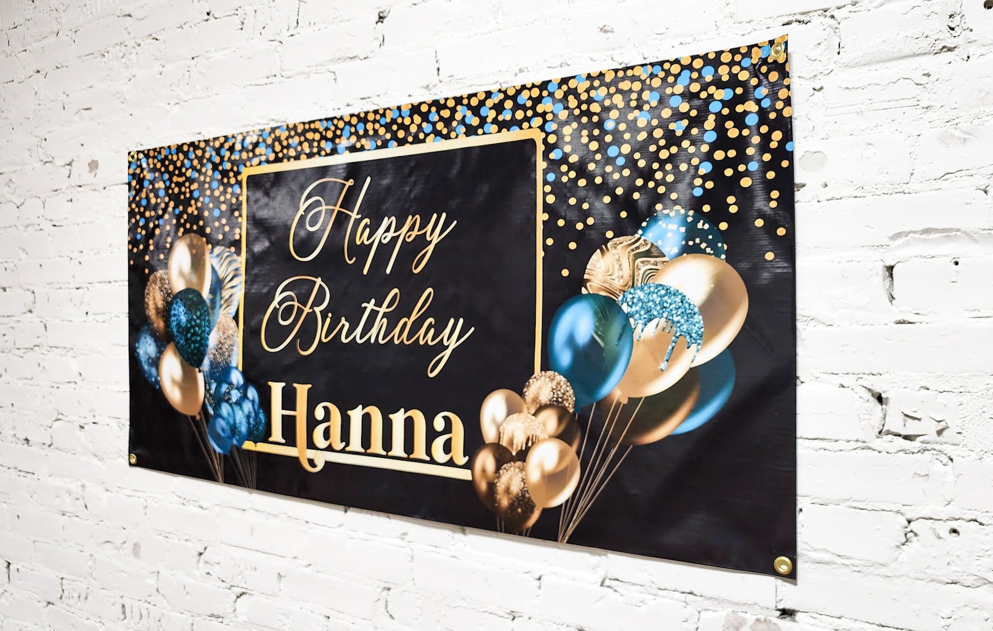 Custom Happy Birthday Banner with Name, Personalized Black & Gold Balloons, Flag Sign, Indoor, Outdoor, Reusable, Milestone, Multiple Sizes