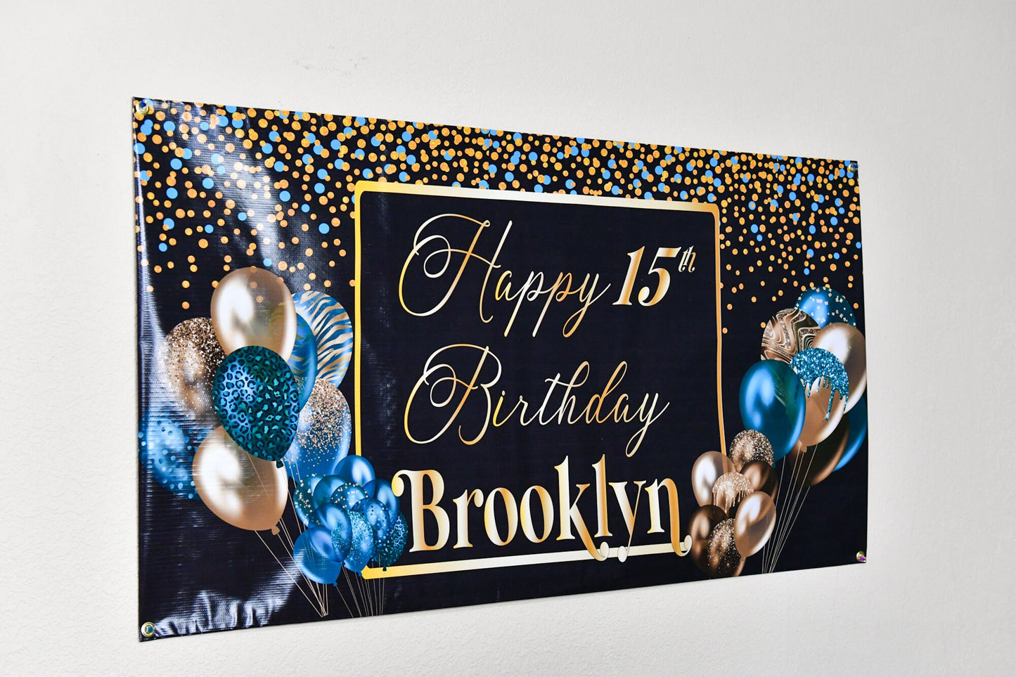Custom Happy Birthday Banner with Name, Personalized Black & Gold Balloons, Flag Sign, Indoor, Outdoor, Reusable, Milestone, Multiple Sizes