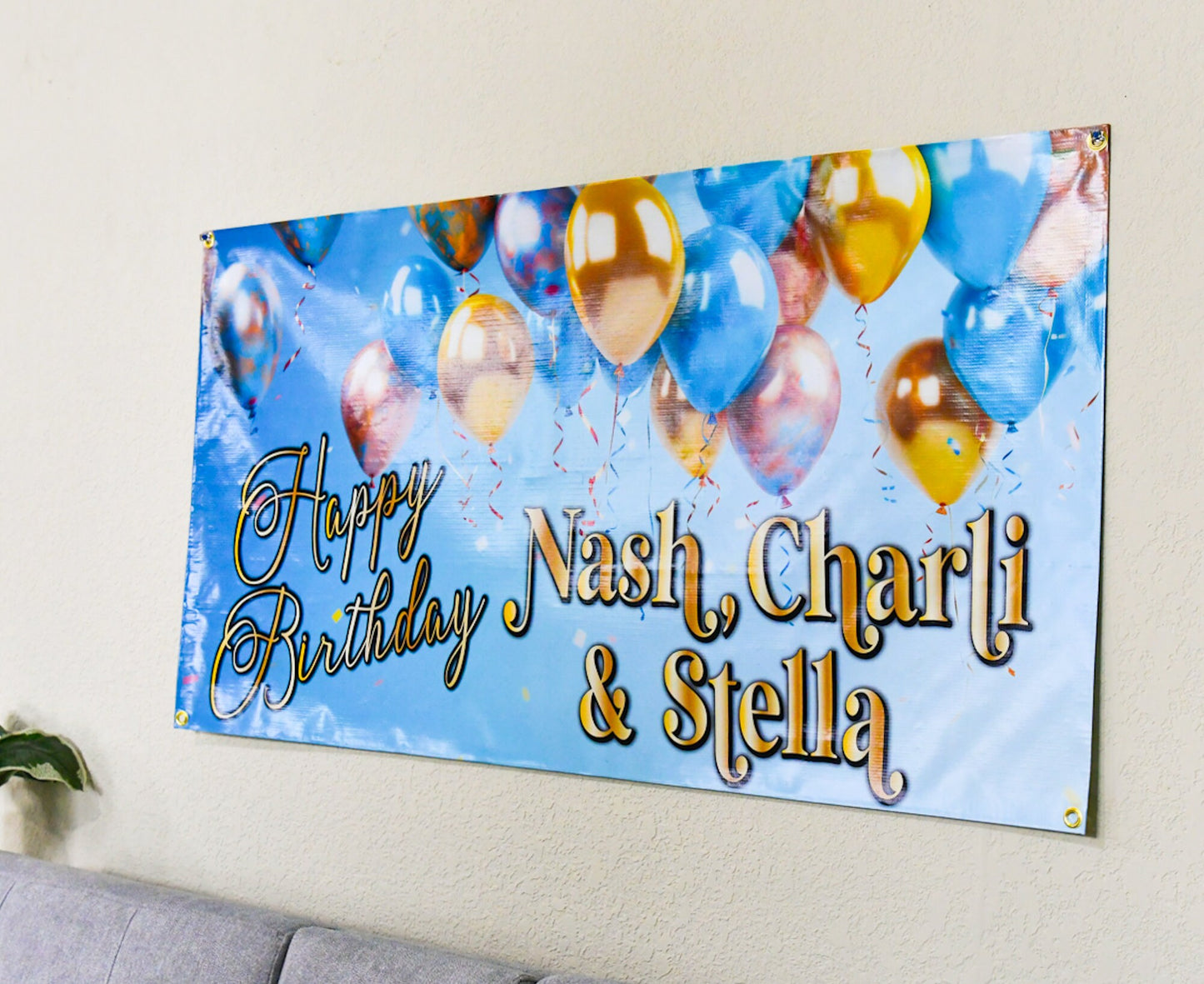 Birthday Banner Custom Name Sign, Personalized, Blue Gold Pink Balloons Party Decor, Indoor Outdoor, Reusable, Bday Celebration Decorations