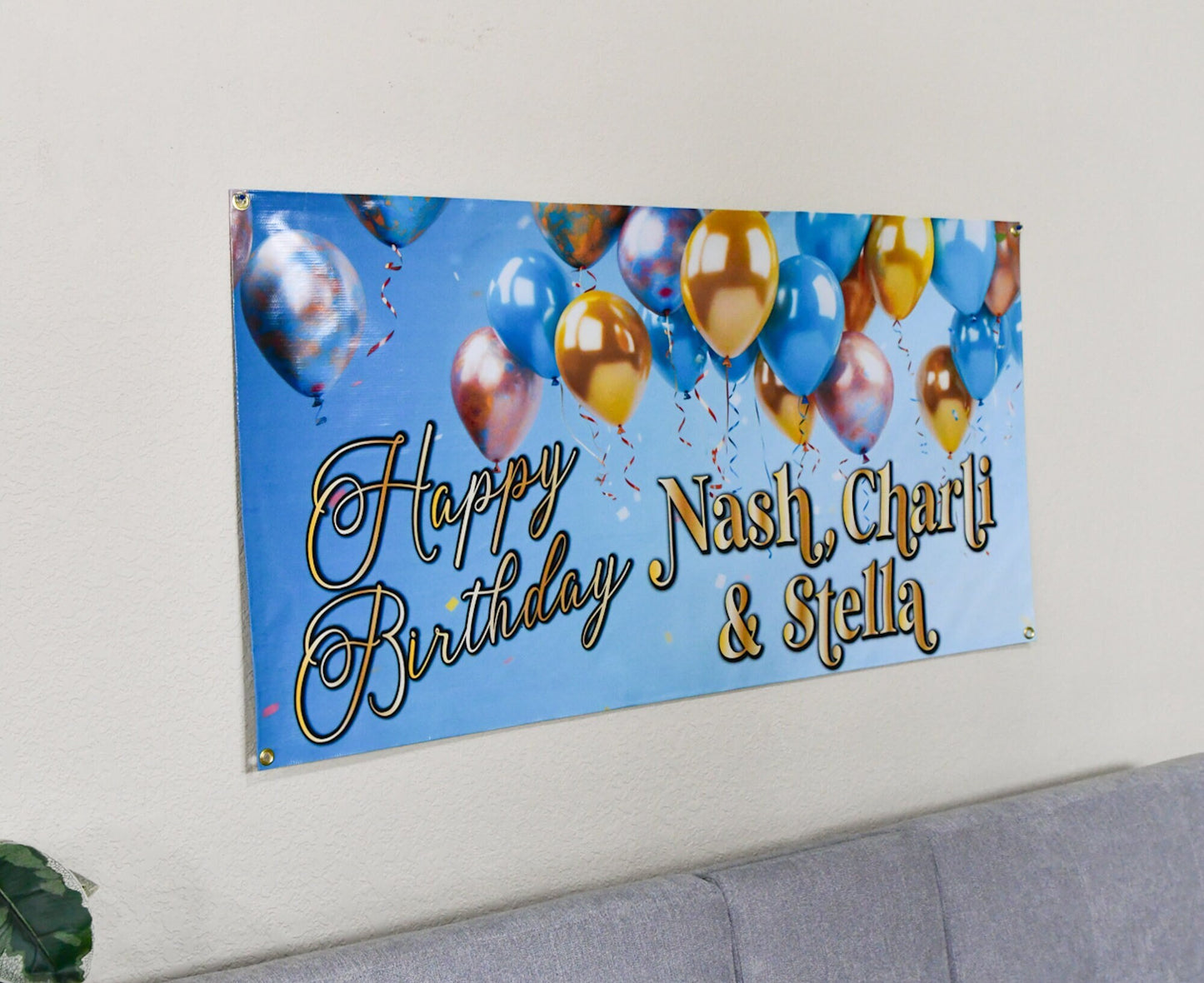 Birthday Banner Custom Name Sign, Personalized, Blue Gold Pink Balloons Party Decor, Indoor Outdoor, Reusable, Bday Celebration Decorations