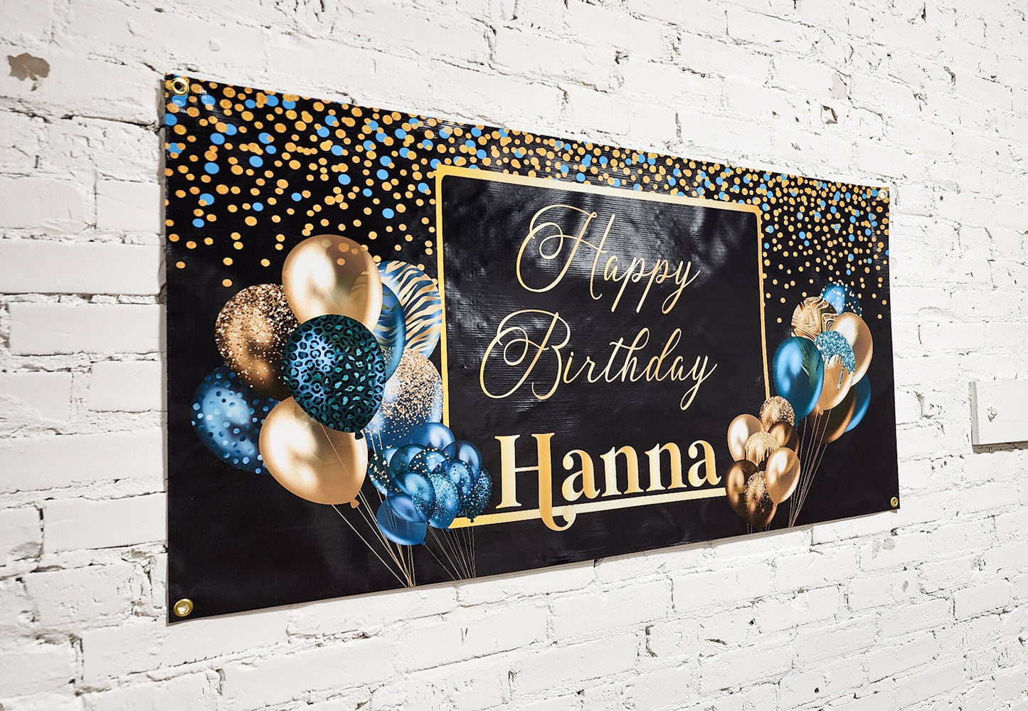 Custom Happy Birthday Banner with Name, Personalized Black & Gold Balloons, Flag Sign, Indoor, Outdoor, Reusable, Milestone, Multiple Sizes