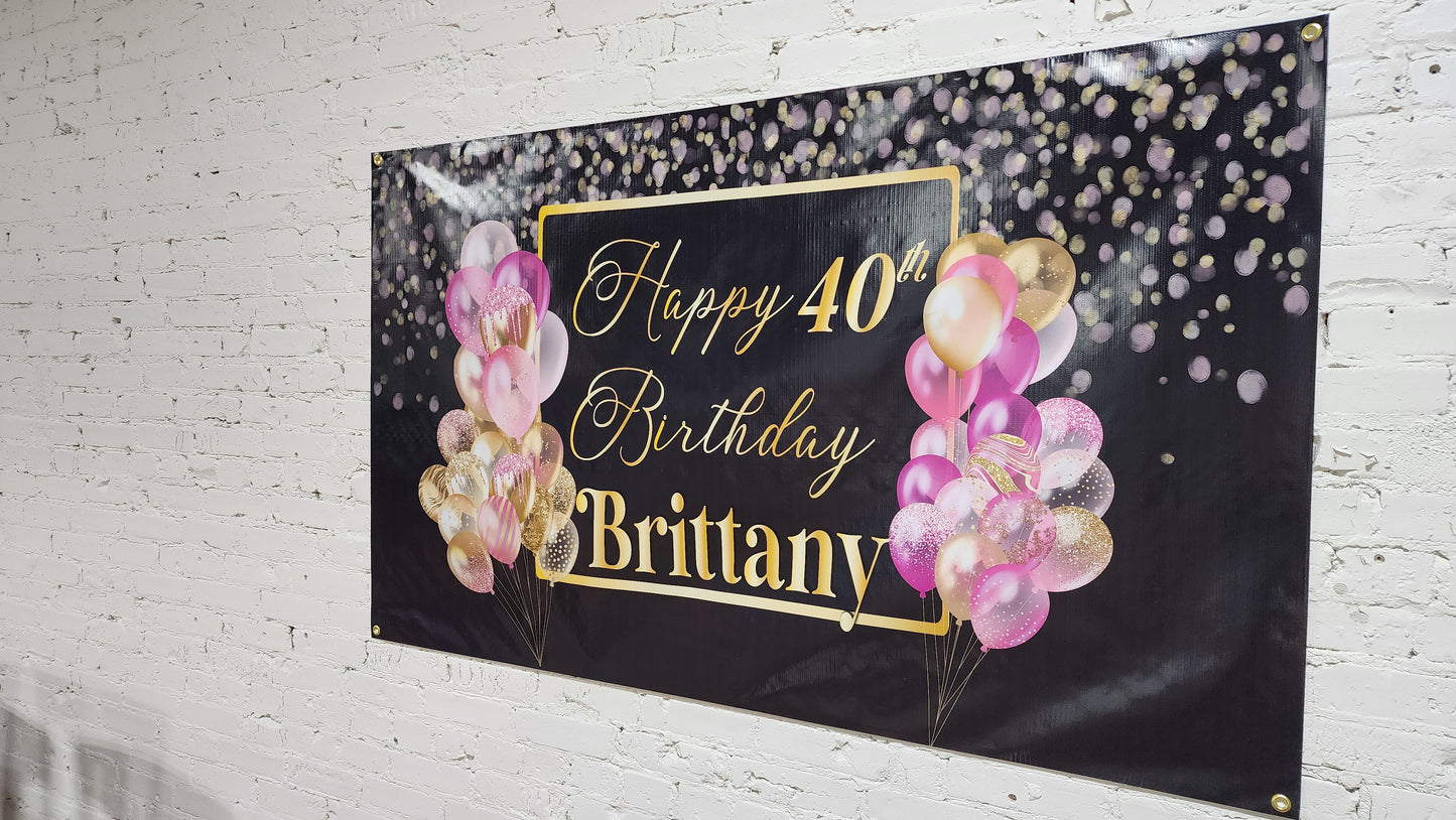 Custom Birthday Banner with Name Personalized, Pink Black Gold, Happy Birthday Flag Sign, Indoor, Outdoor, Reusable Milestone 40th 21st 30th