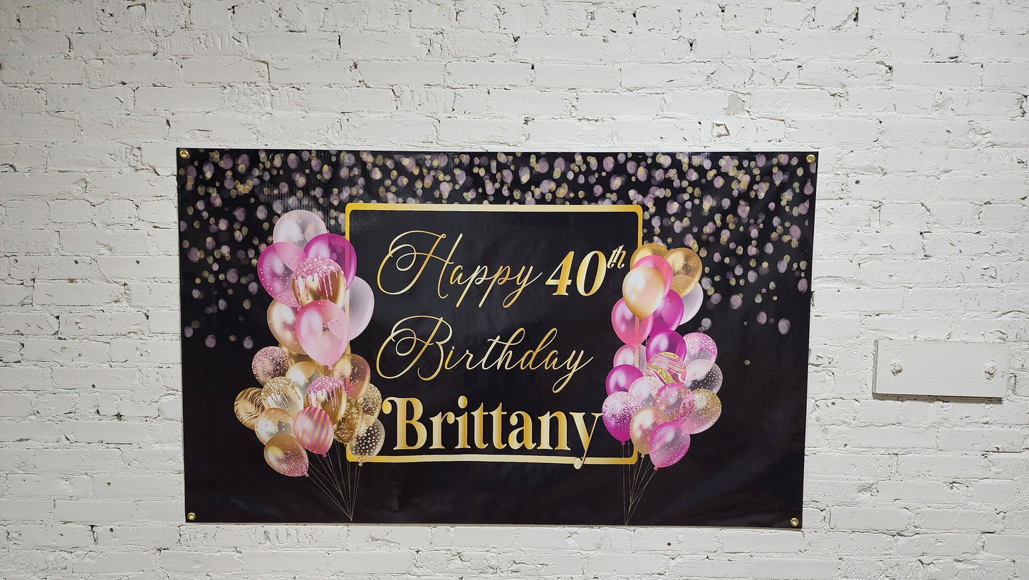 Custom Birthday Banner with Name Personalized, Pink Black Gold, Happy Birthday Flag Sign, Indoor, Outdoor, Reusable Milestone 40th 21st 30th