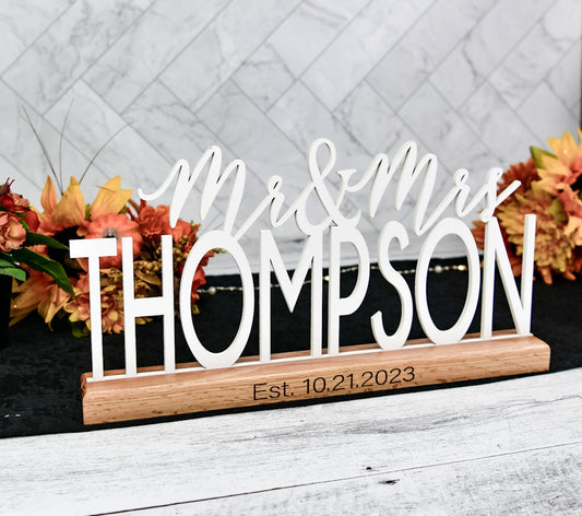 Wedding Sign with Custom Name for Table, Stand alone, Unique Personalized Mr & Mrs Sweetheart Decor, Sleek, Modern, newlywed gift for couple