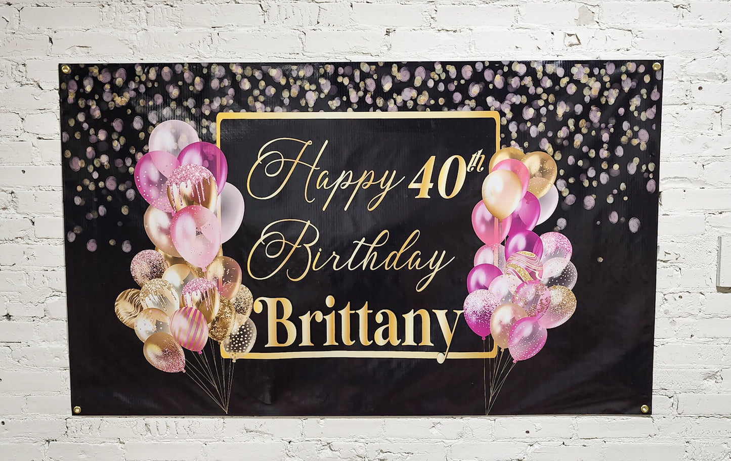 Custom Birthday Banner with Name Personalized, Pink Black Gold, Happy Birthday Flag Sign, Indoor, Outdoor, Reusable Milestone 40th 21st 30th