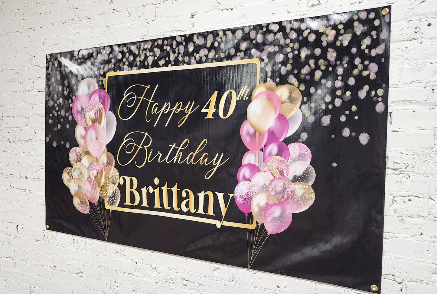 Custom Birthday Banner with Name Personalized, Pink Black Gold, Happy Birthday Flag Sign, Indoor, Outdoor, Reusable Milestone 40th 21st 30th
