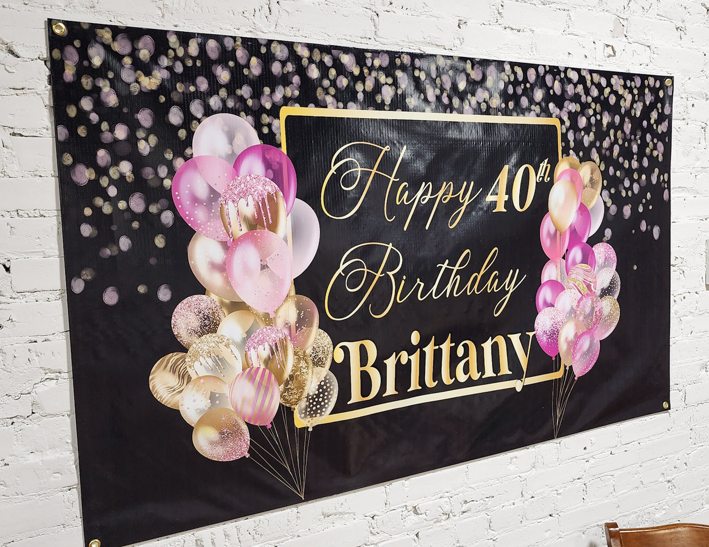 Custom Birthday Banner with Name Personalized, Pink Black Gold, Happy Birthday Flag Sign, Indoor, Outdoor, Reusable Milestone 40th 21st 30th