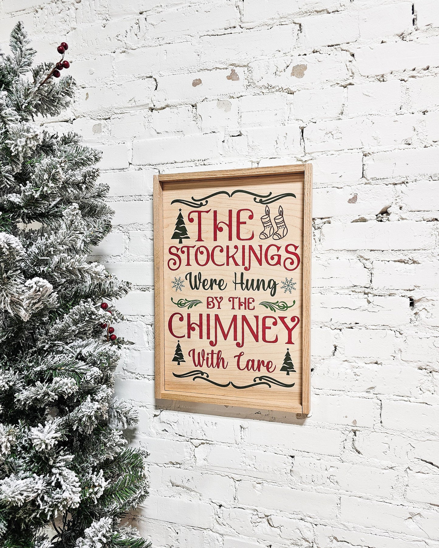 and the stockings were hung by the chimney with care wooden framed christmas sign wall decor