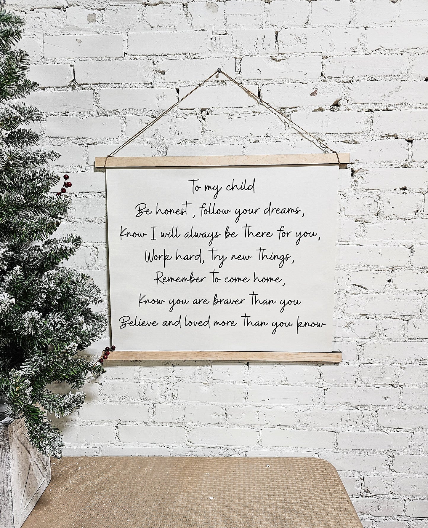 custom phrase hanging framed canvas wall art decor, banner sign. hung with rope, top & bottom framed canvas for nursery, kids room, playroom, or any room with you custom phrase in cursive