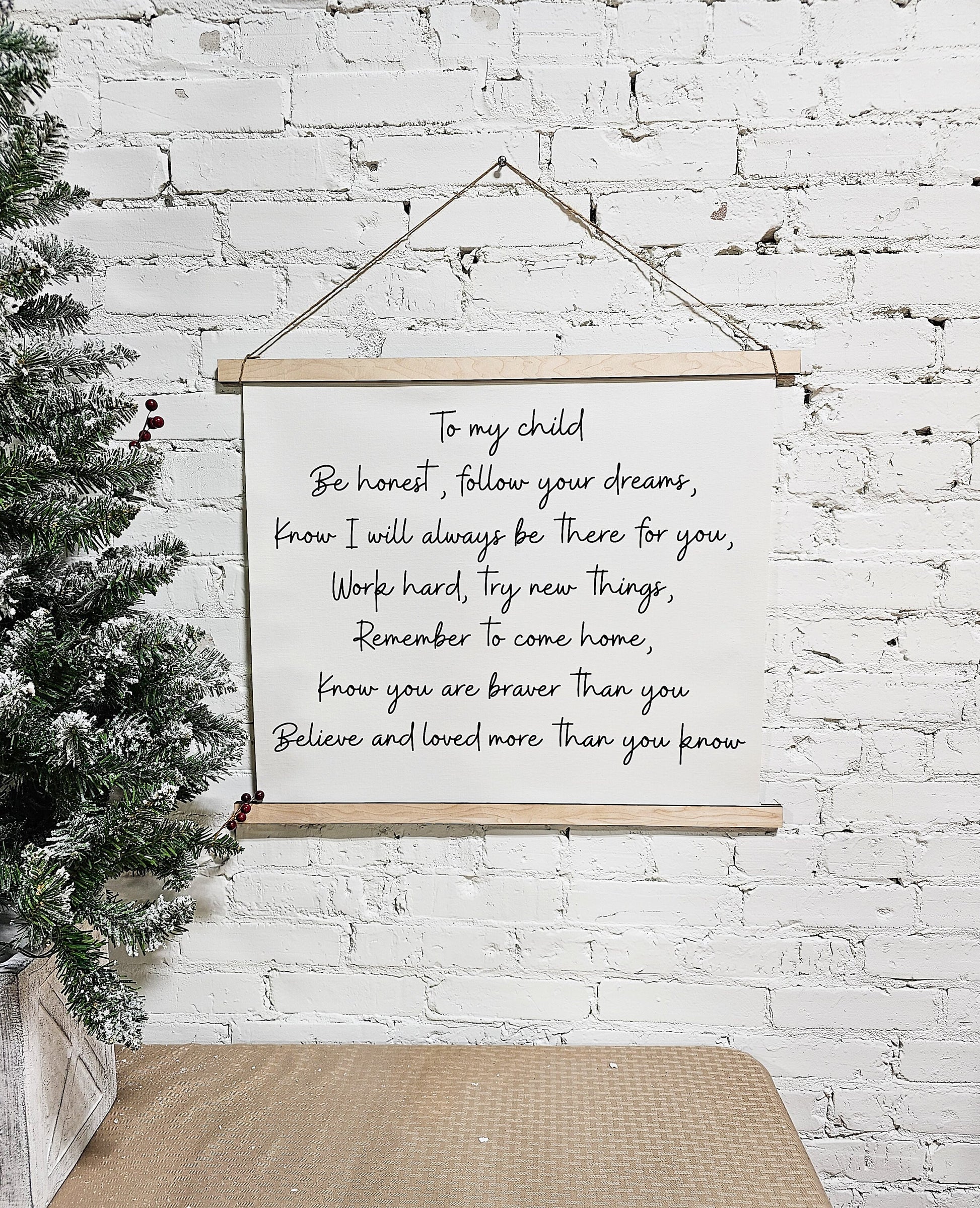 custom phrase hanging framed canvas wall art decor, banner sign. hung with rope, top & bottom framed canvas for nursery, kids room, playroom, or any room with you custom phrase in cursive