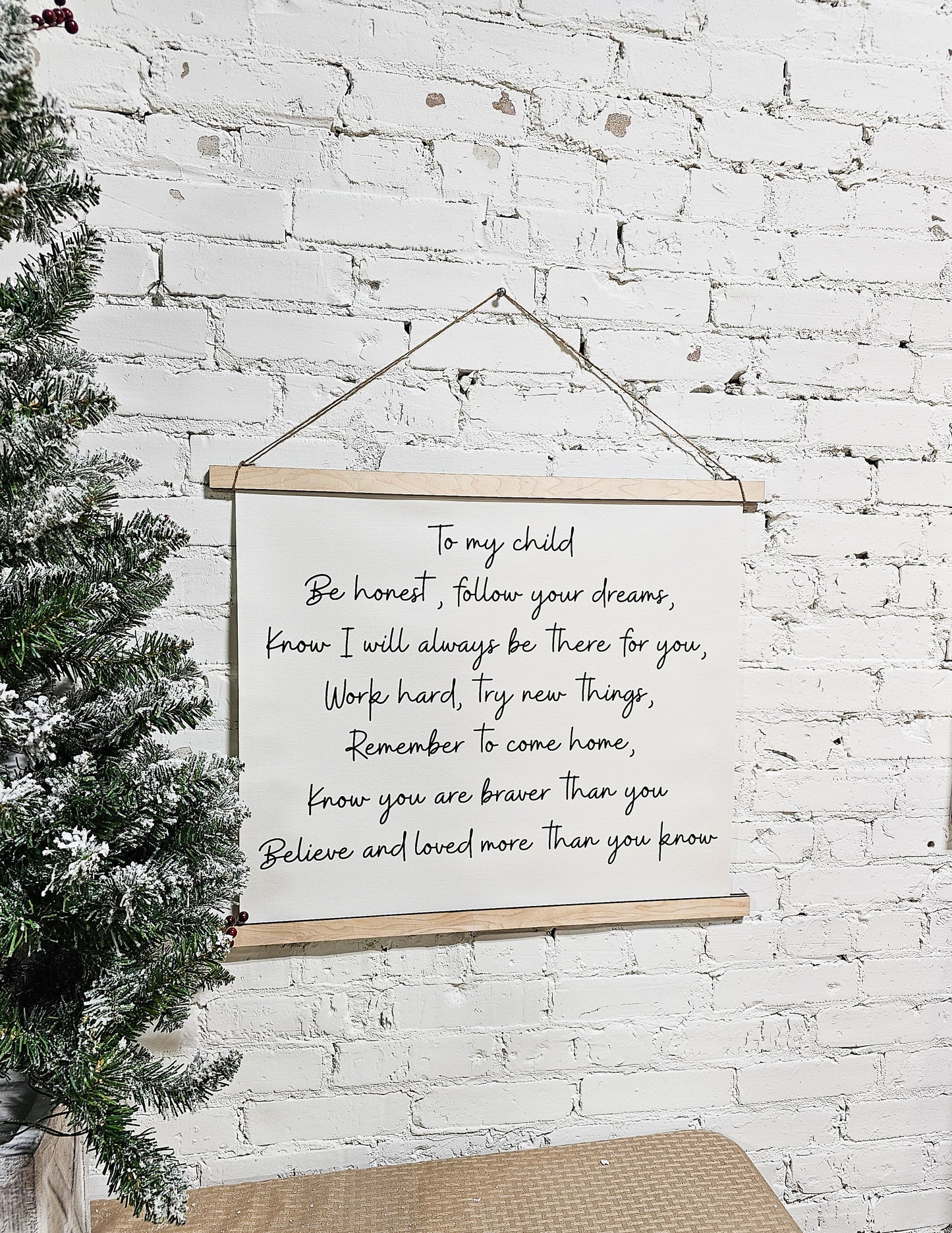 custom phrase hanging framed canvas wall art decor, banner sign. hung with rope, top & bottom framed canvas for nursery, kids room, playroom, or any room with you custom phrase in cursive