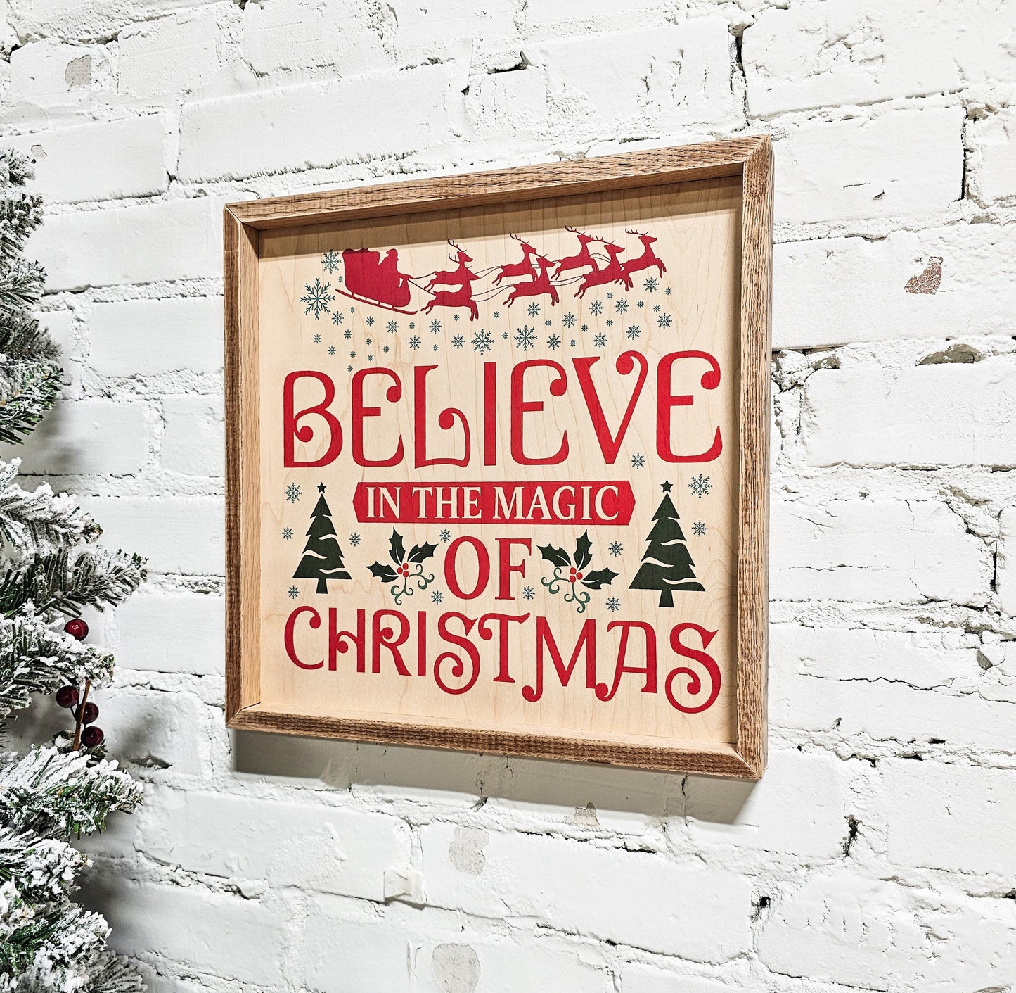 Believe in the Magic of Christmas Decor Wooden Sign, Framed, Santa Reindeer, Christmas Tree, Mistletoe, Snowflakes, Farmhouse Natural Wood