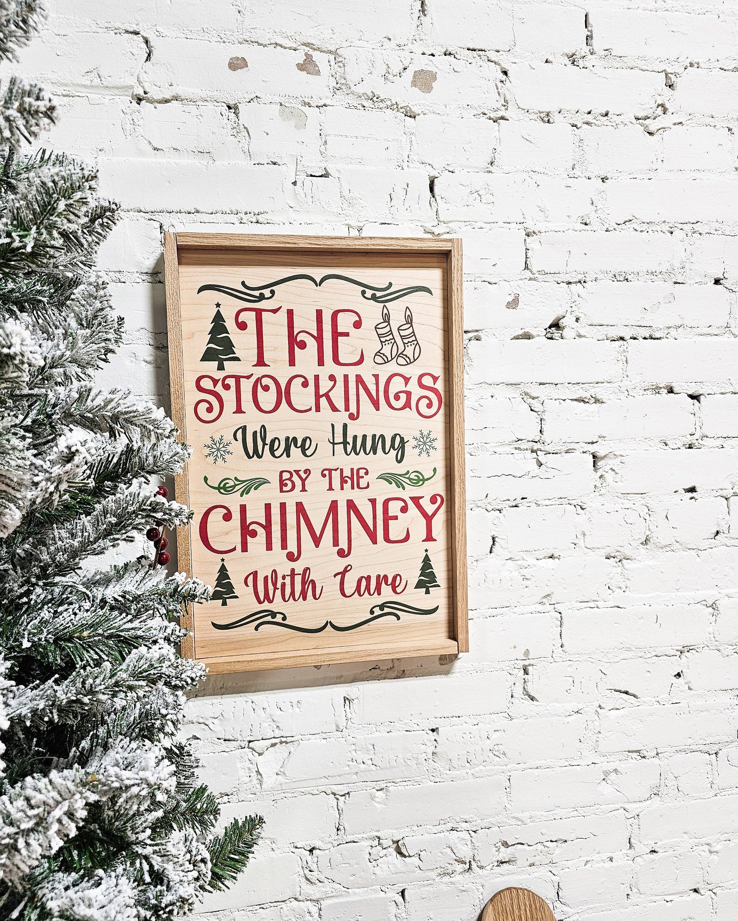 and the stockings were hung by the chimney with care wooden framed christmas sign wall decor