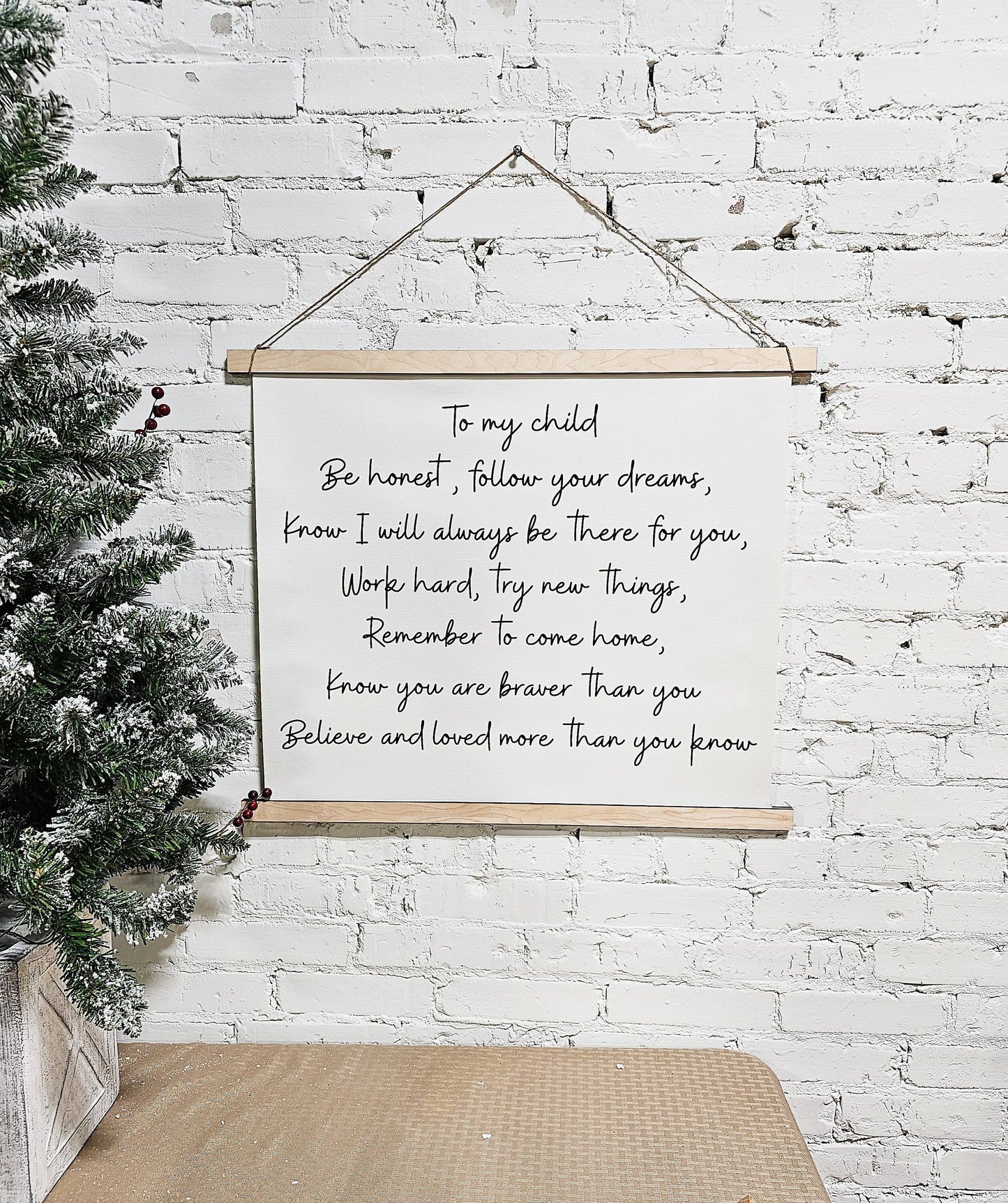 custom phrase hanging framed canvas wall art decor, banner sign. hung with rope, top & bottom framed canvas for nursery, kids room, playroom, or any room with you custom phrase in cursive