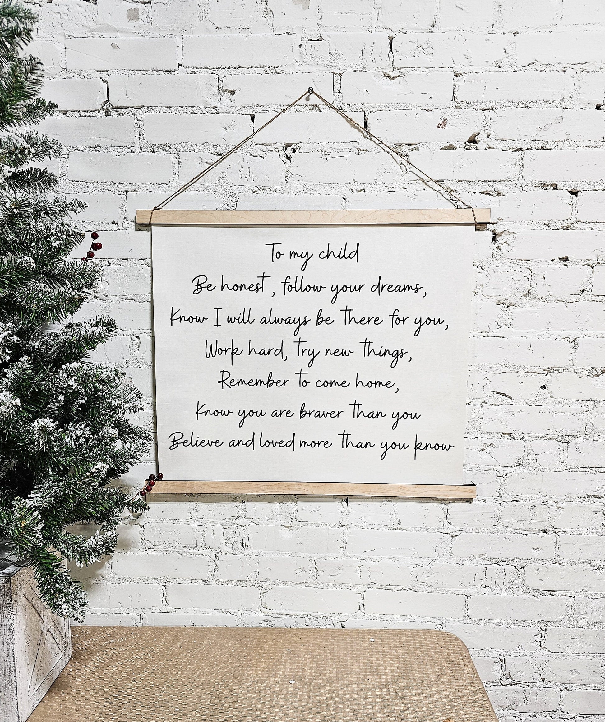 custom phrase hanging framed canvas wall art decor, banner sign. hung with rope, top & bottom framed canvas for nursery, kids room, playroom, or any room with you custom phrase in cursive