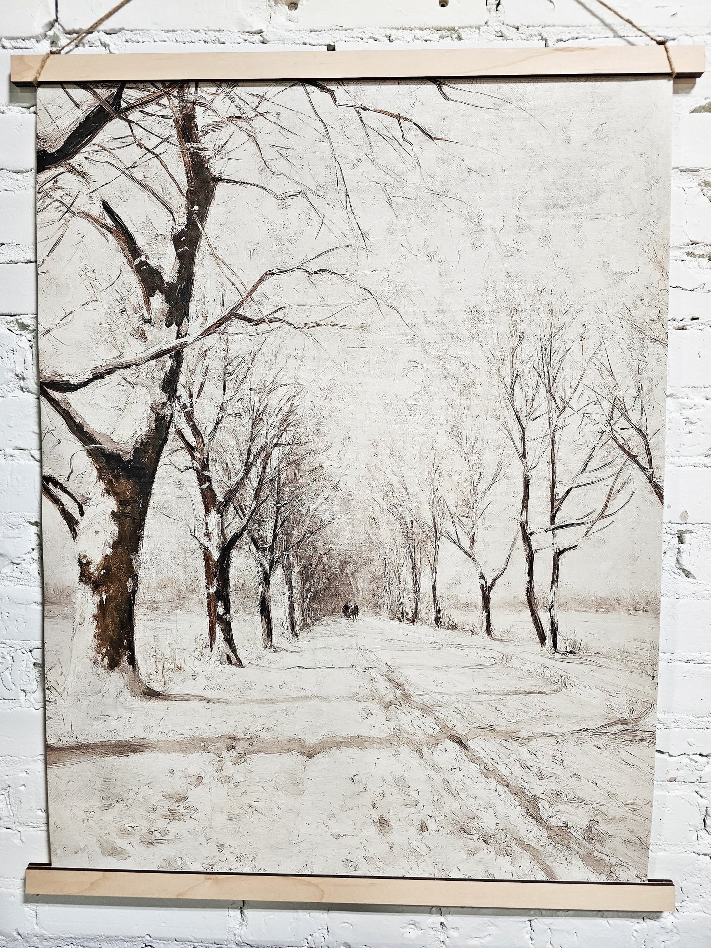 Winter Scene Wall Hanging Canvas, Snowy Trees, Cozy Christmas Vintage, Nostalgic Feel, Framed Wood & Rope, Simple, Easy to hang Lightweight