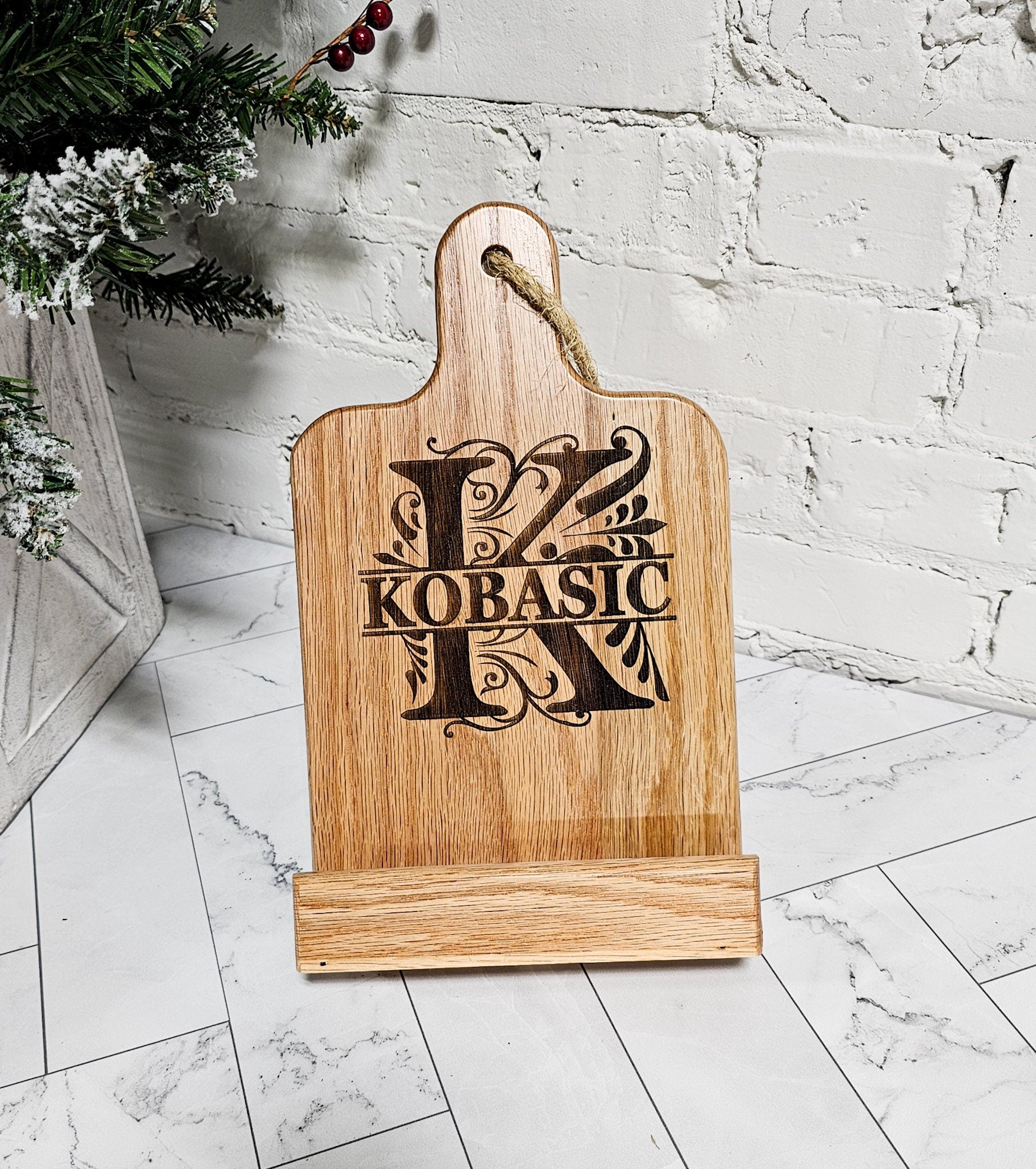 wooden oak recipe stand holder, with rope through handle, solid high quality, engraved with personalized custom name / monogram details, great personalized gift for baking, cooking, grandma mom dad grandpa
