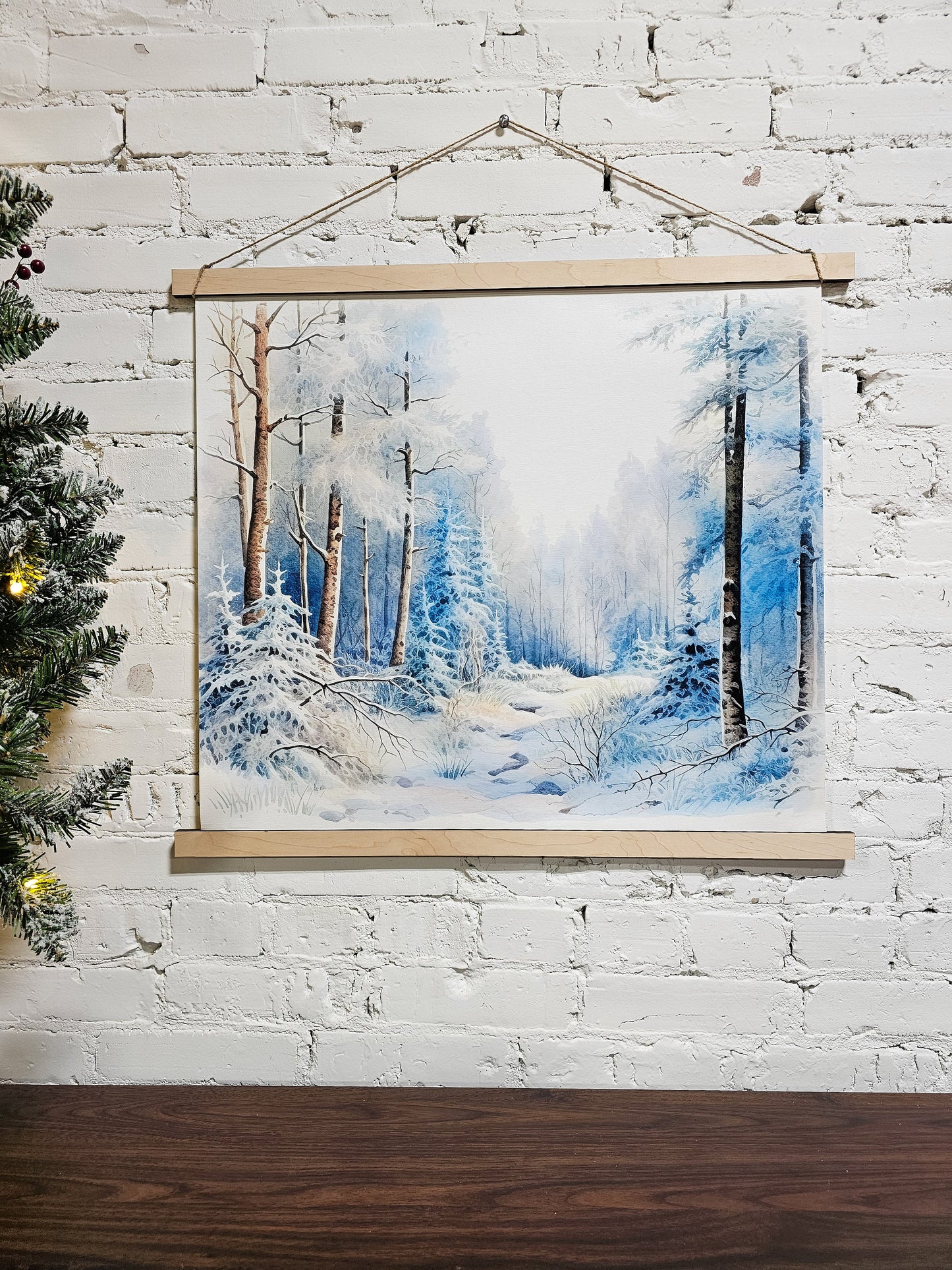 Winter Landscape Wall Art, Snow Draped Trees, Hanging Framed Canvas Decor Sign, Snowy Trail, Simple Minimal, Peaceful Home Decoration