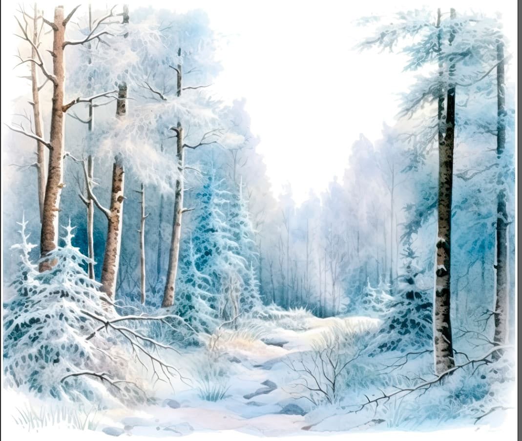 Winter landscape scene, snowy trees, creek, wonderland, serene peaceful wintery canvas wall art decor with shades of blue