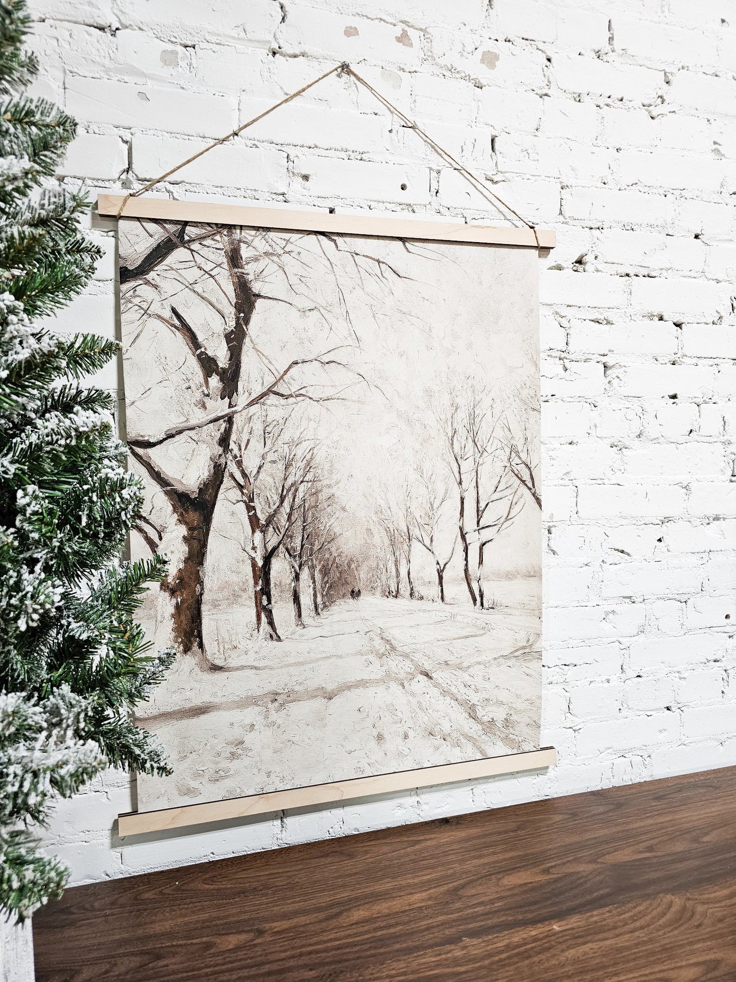 Winter Scene Wall Hanging Canvas, Snowy Trees, Cozy Christmas Vintage, Nostalgic Feel, Framed Wood & Rope, Simple, Easy to hang Lightweight